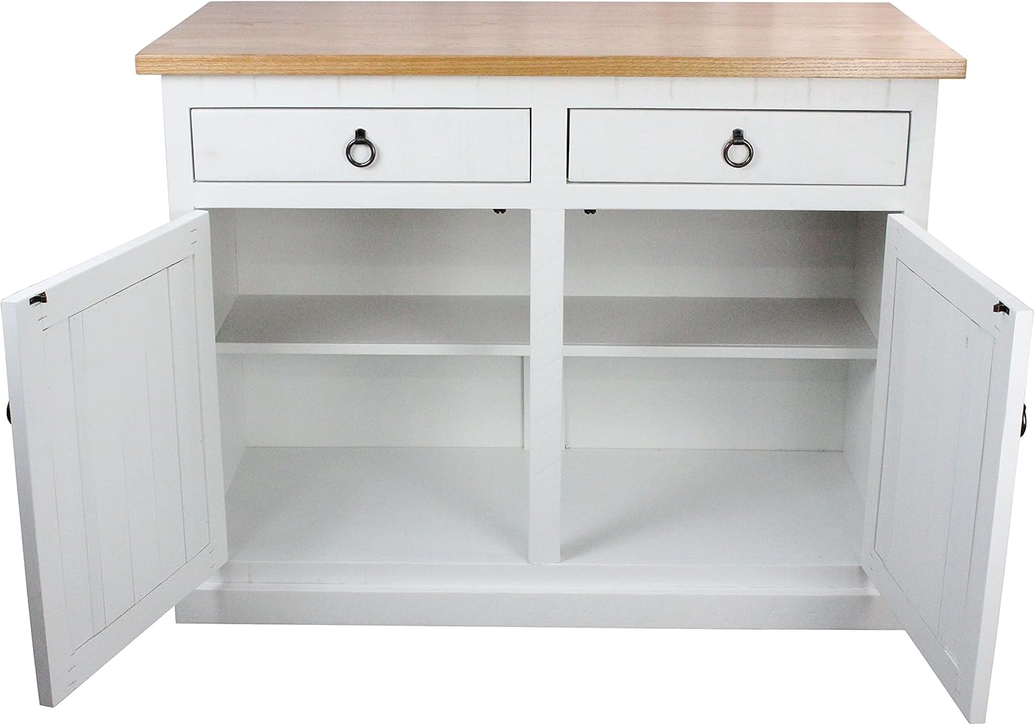 Rustic Shutter Door Kitchen Island in Bright White with Oak Top