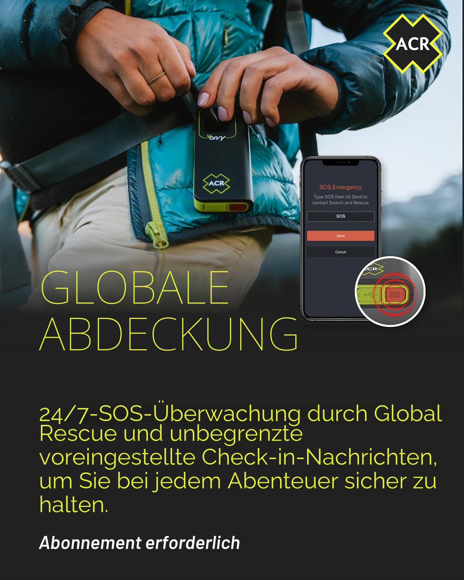ACR Bivy Stick Satellitenkommunikator – Weltweite Zwei-Wege-SMS, GPS-Tracker, Off-Grid-Kommunikation, SOS-Notrufsender, Satelliten-Messenger & Standortfreigabe – iOS-/Android-App