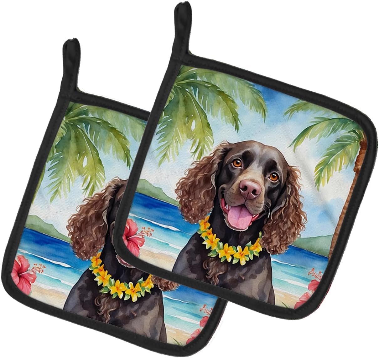 Caroline's Treasures American Water Spaniel Luau Pair of Pot Holders Kitchen Heat Resistant Pot Holders Sets Oven Hot Pads for Cooking Baking BBQ, 7 1/2 x 7 1/2