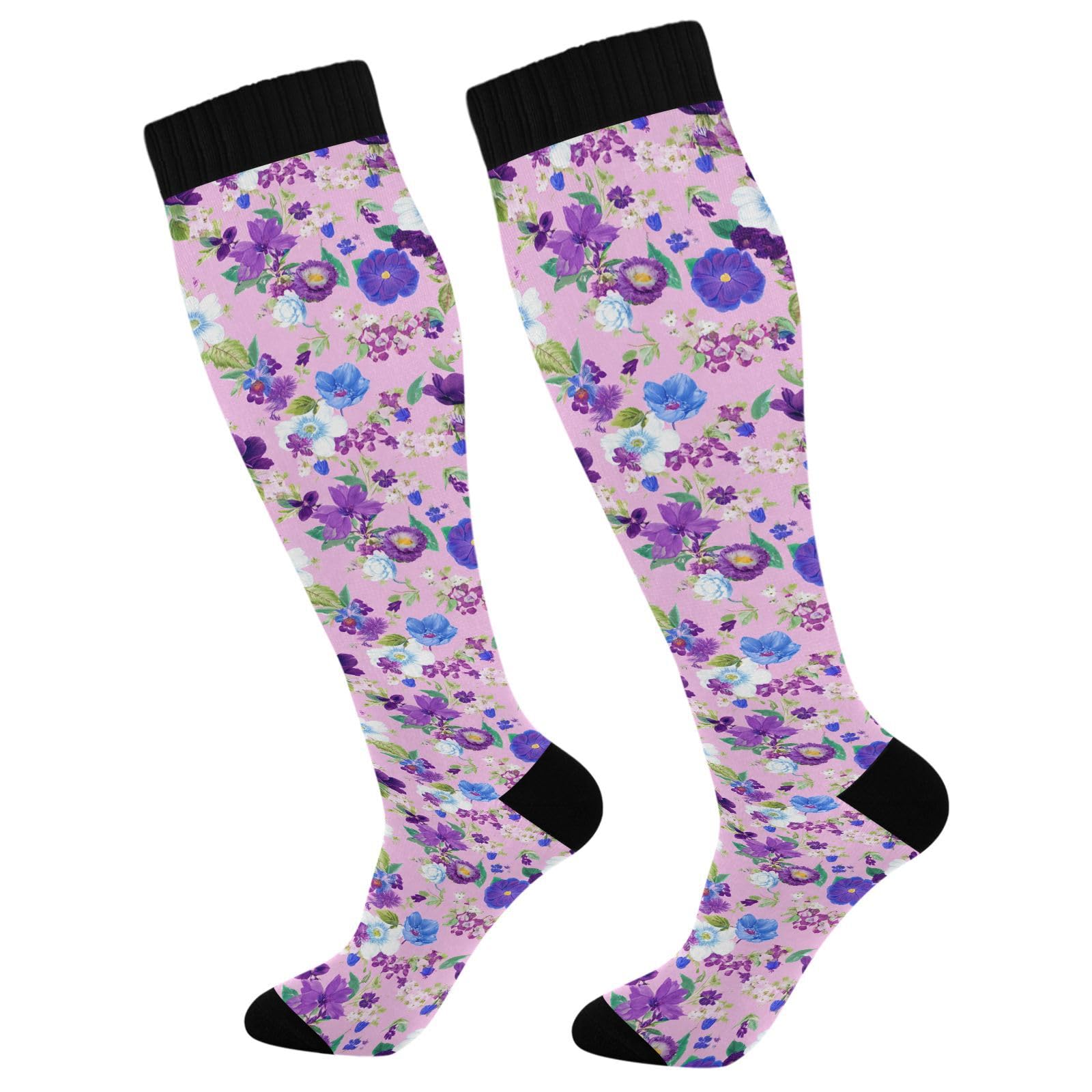 Wassud Romantic Flowers Compression Socks for Women and Men 20-30 mmHg Knee High Socks for Nurses Travel Socks 2 Pair