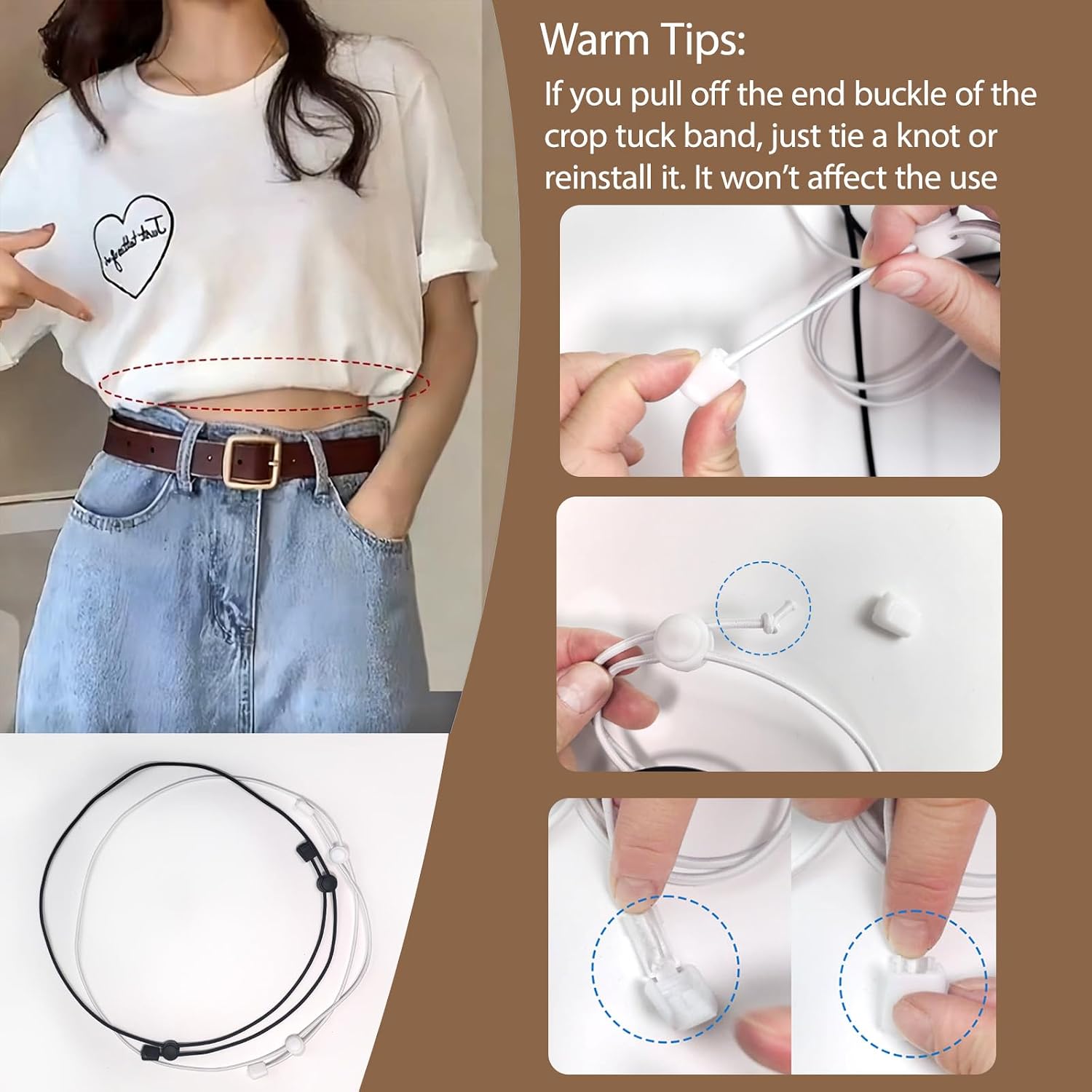 2 PCS Shirt Tuck Band Women, Crop Tuck Crop Top Band for Tucking Shirts T-shirts Hoodie and Sweaters Elastic Belt, Adjustable Crop Tucks for Women Girls to Change Style of Clothes( White and Black)