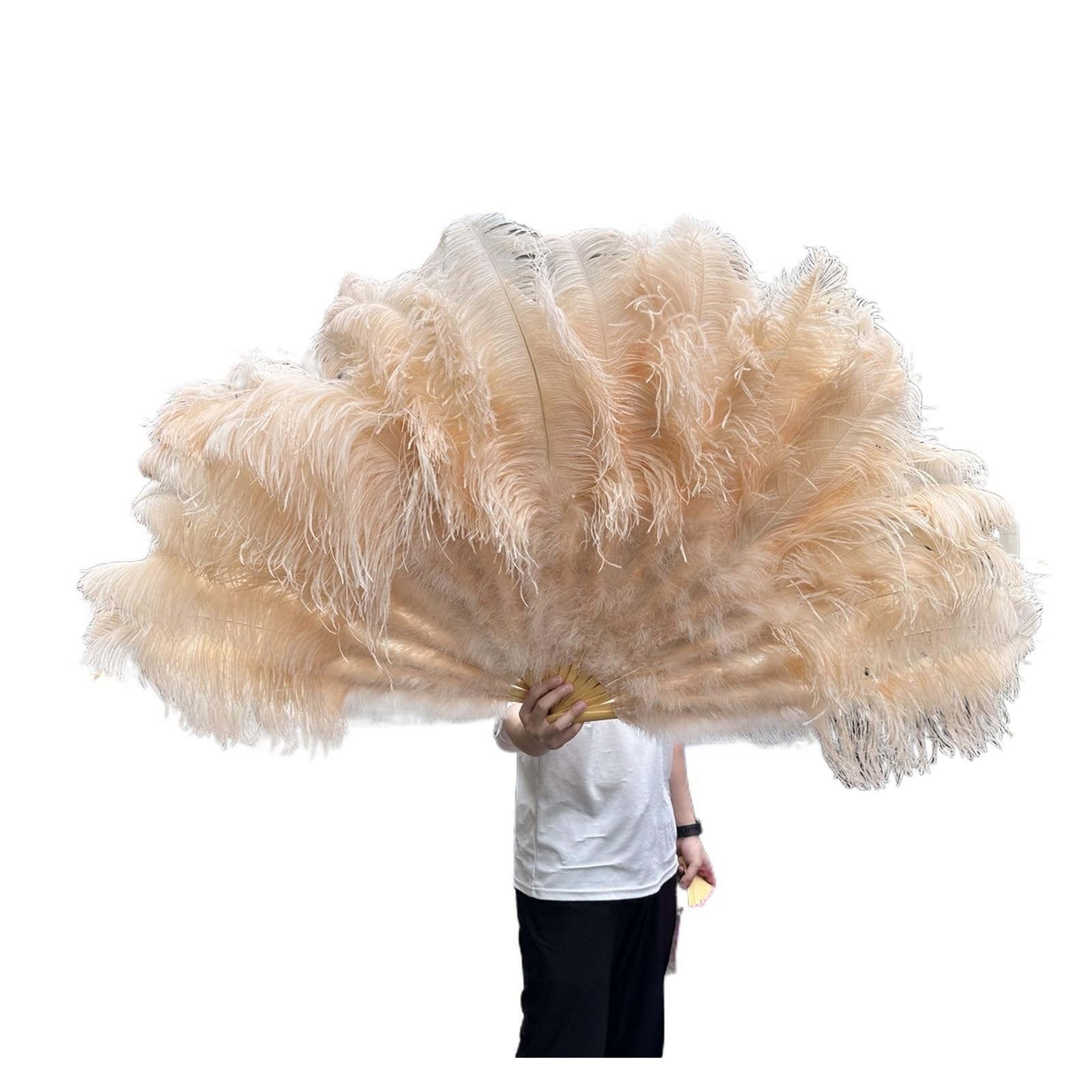 AMEEDA Ostrich feather fan Large 13 Bone Fuffly Feathers Fans 100CM 130CM Rose Red Handheld Plumes fan for Wedding Party Stage Performance Props(Champagne,Right hand 100CM)