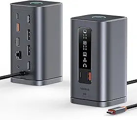 Baseus Estação de ancoragem Spacemate Series 11 em 1, 3 monitores com 2 HDMI 1 DP 4K a 60Hz, 3 USB-A/C 10 Gbps, Ethernet de 1 Gbps, 100 W PD, compatível com laptop