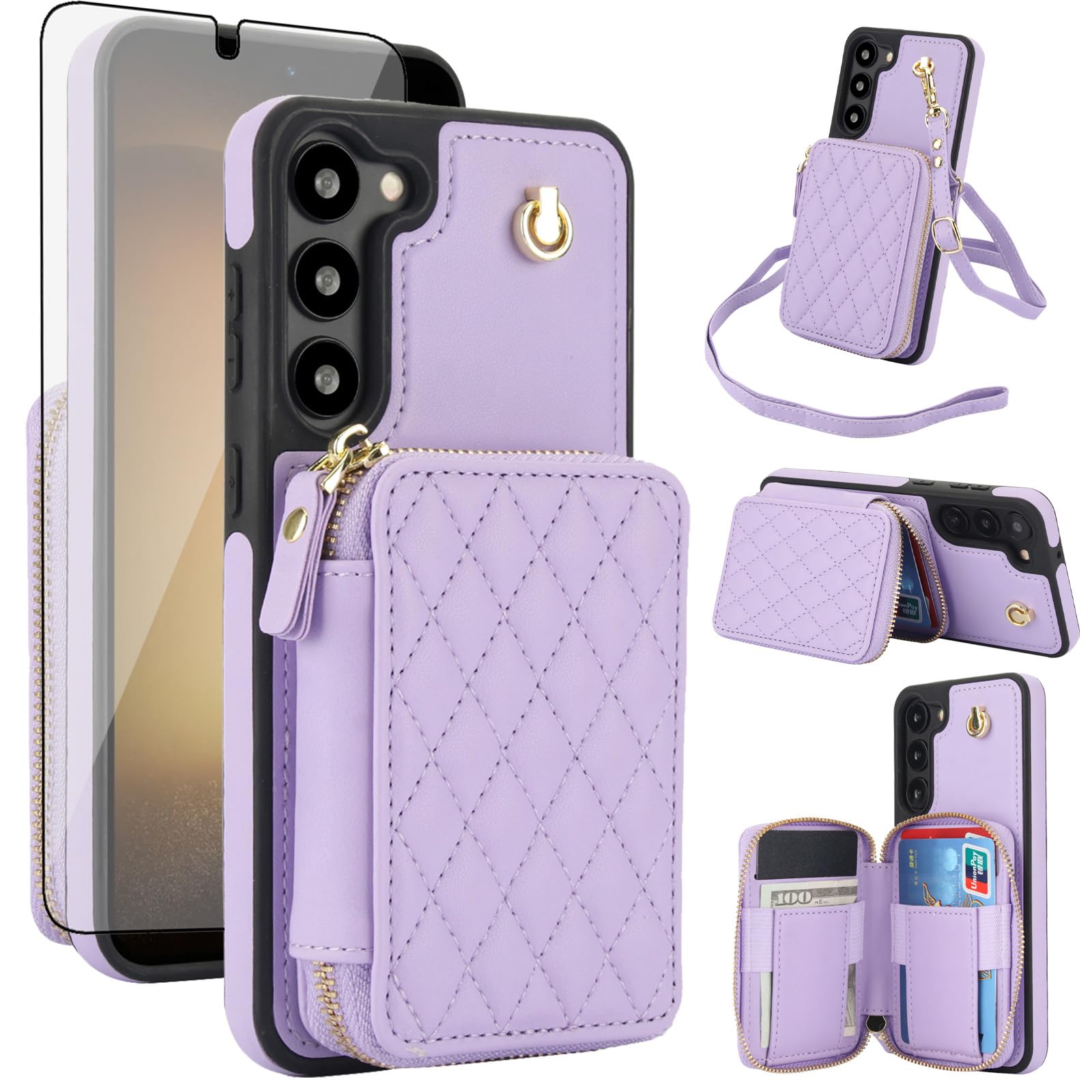 Phone Case for Samsung Galaxy S23 5G Wallet Cell Cover with Tempered Glass Screen Protector Wrist Crossbody Strap RFID Blocking Credit Card Holder S