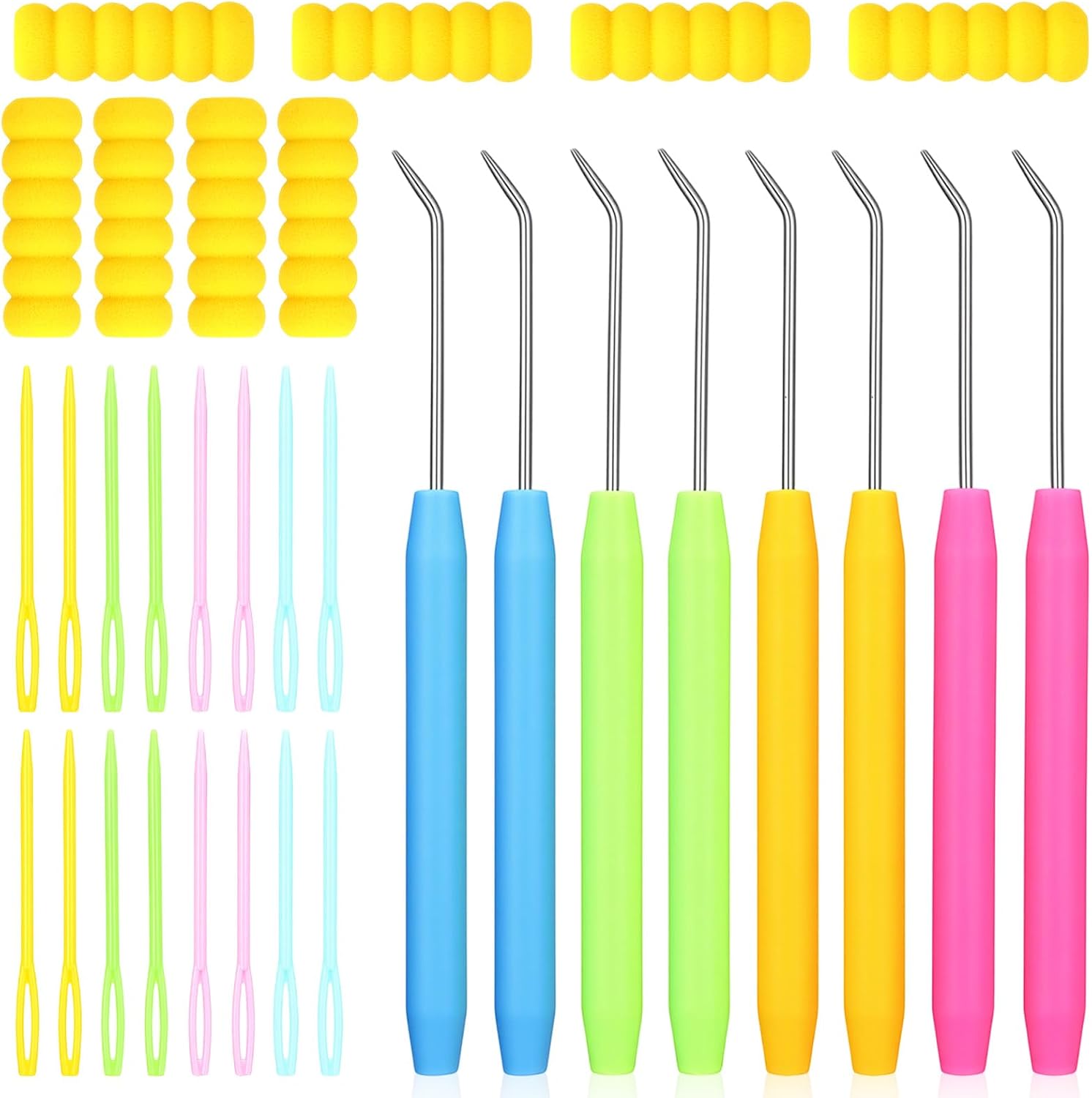 Jxiwfvl Knitting Loom Hook with Soft Grip, Loom Knit Hook Set, More Comfortable Looms Knitting, 8PCS Longer Crochet Hooks Stainless Steel Yarn Hooks with 16 Sewing Needles for Knits Looms & Boards
