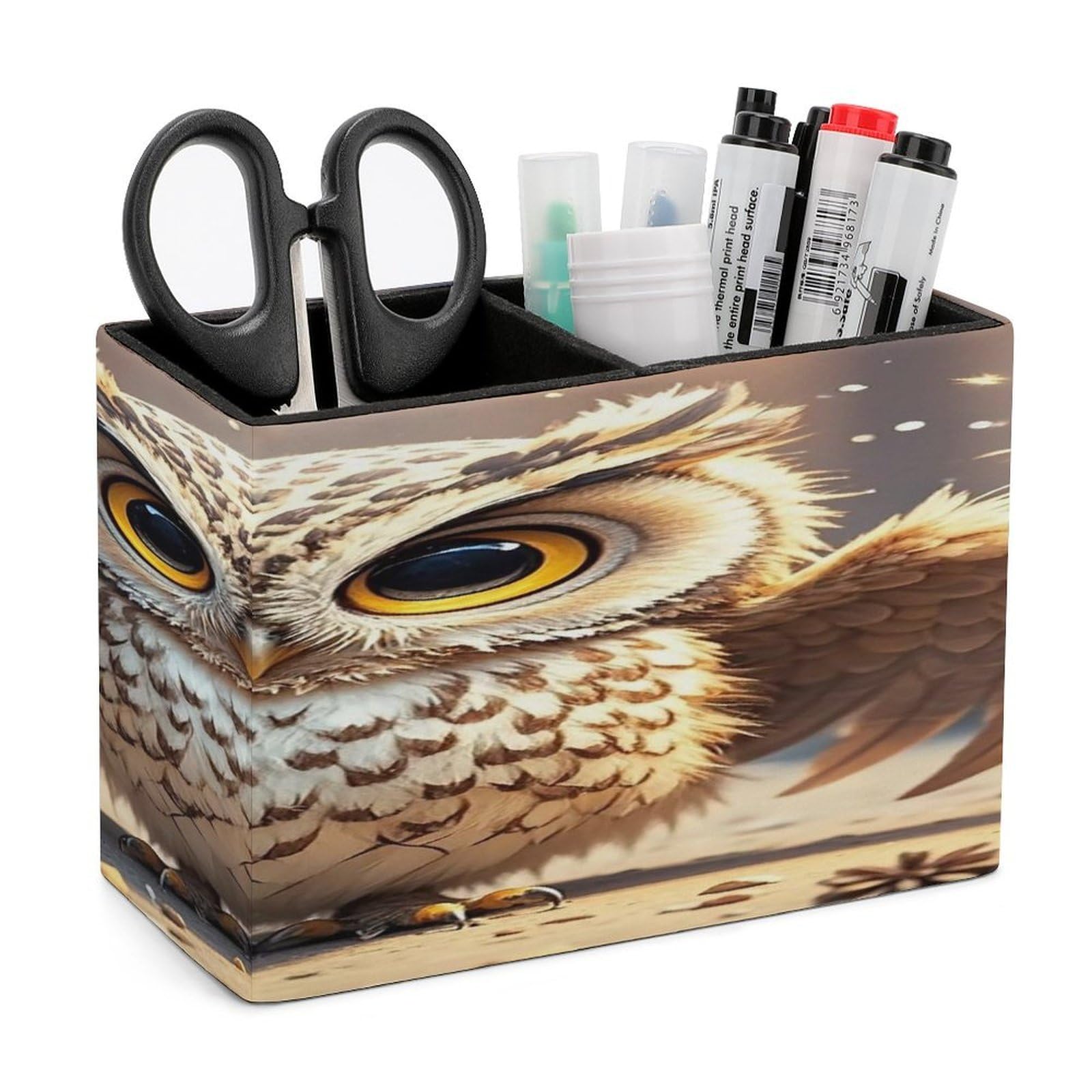 VstaDank Cute Owl Pen Holder Double Compartments Pen Cup Fashion Makeup Brush Holders Leather Pencil Holder for Work Locker Accessories Modern Pencil Cup for Desk Organizer