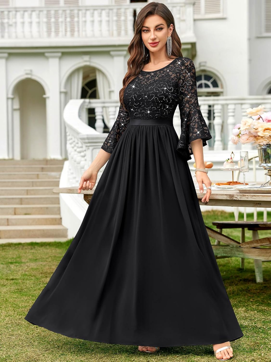 Miusol Women's Formal Sparkle Sequin Lace Bell Sleeve Evening Party Maxi Dress