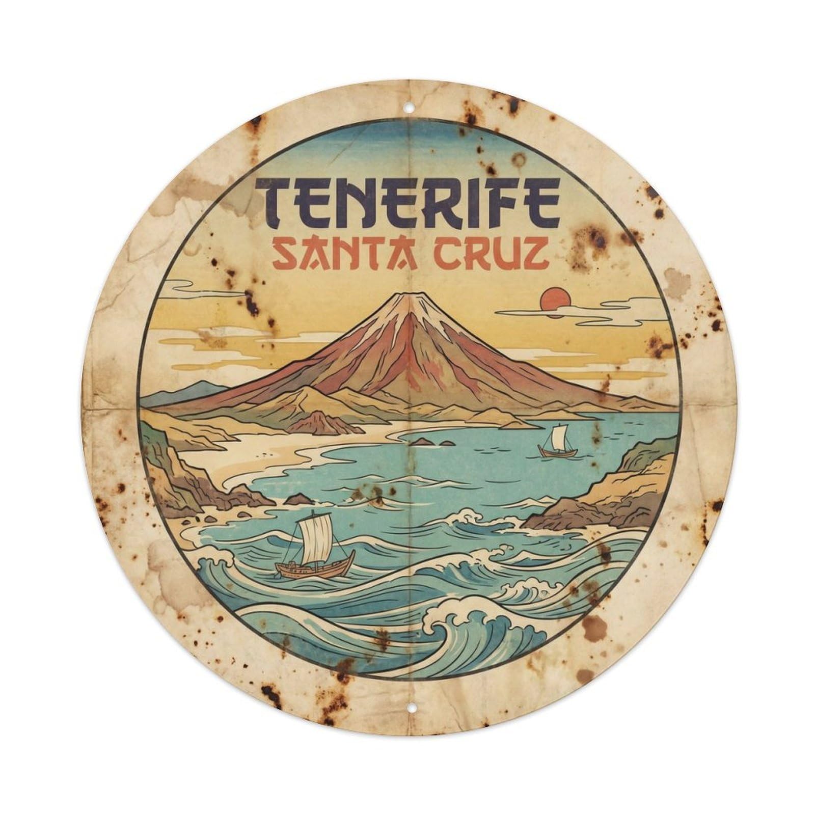 Tenerife Santa Cruz Coastal Travel Woodblock Metal Tin Sign
