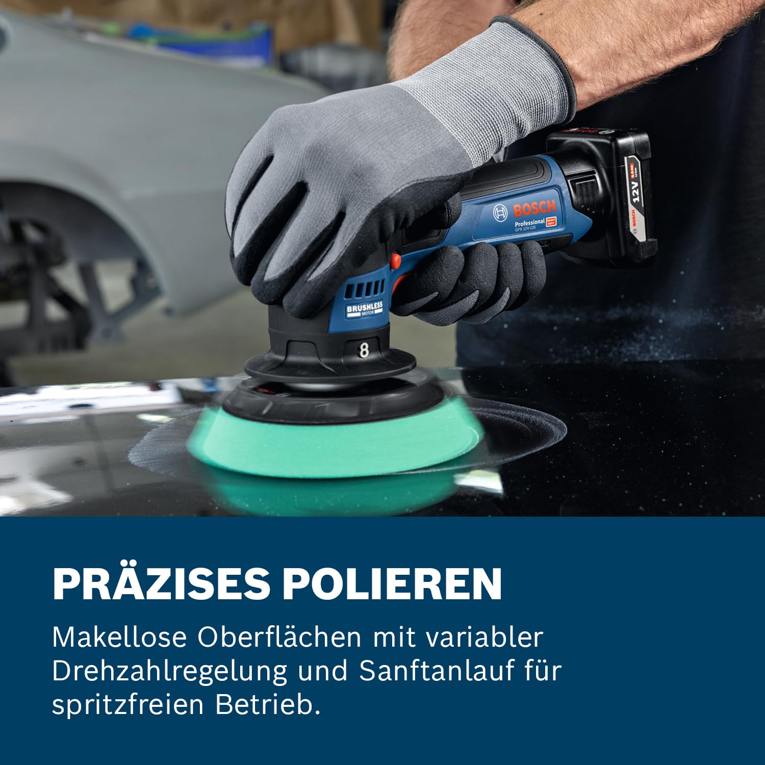 Bosch Professional 12V System Akku-Polierer GPX 12V-125 (inkl. Baretool mit montiertem 125 mm Klett-Stützteller, 125 mm Polier- und Scheuerschwamm)