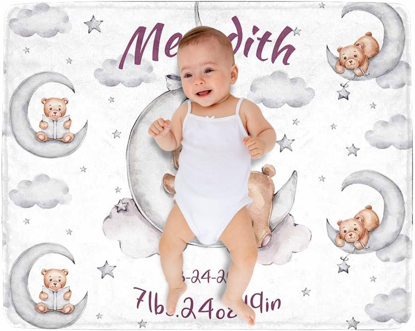 Artsadd Custom Newborn Blanket with Birth Information for Boys Girls, Personalized Cute Bear Blanket with Baby's Name, Date of Birth, Weight, Length for New Dad Mom Grandparents 40"x50"