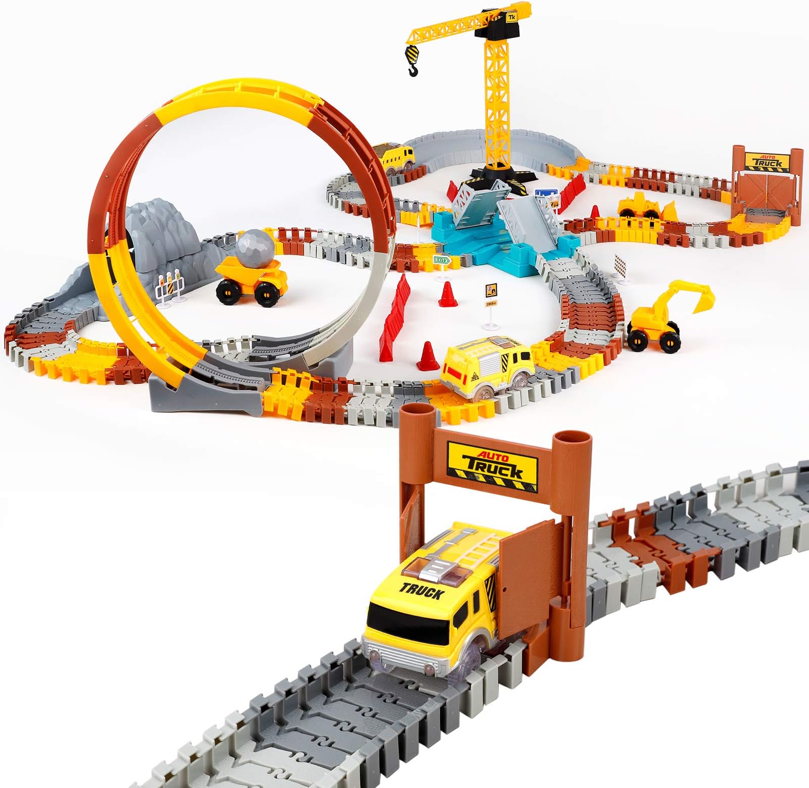 226pcs Construction Themed Race Tracks Set, Flexible Trains Tracks with 2 Race Trucks, Toy Cars Set for 3 4 5 6 7 Years Old Child Kids Boys and Girls, Road Race Playset for Christmas Birthday Gift