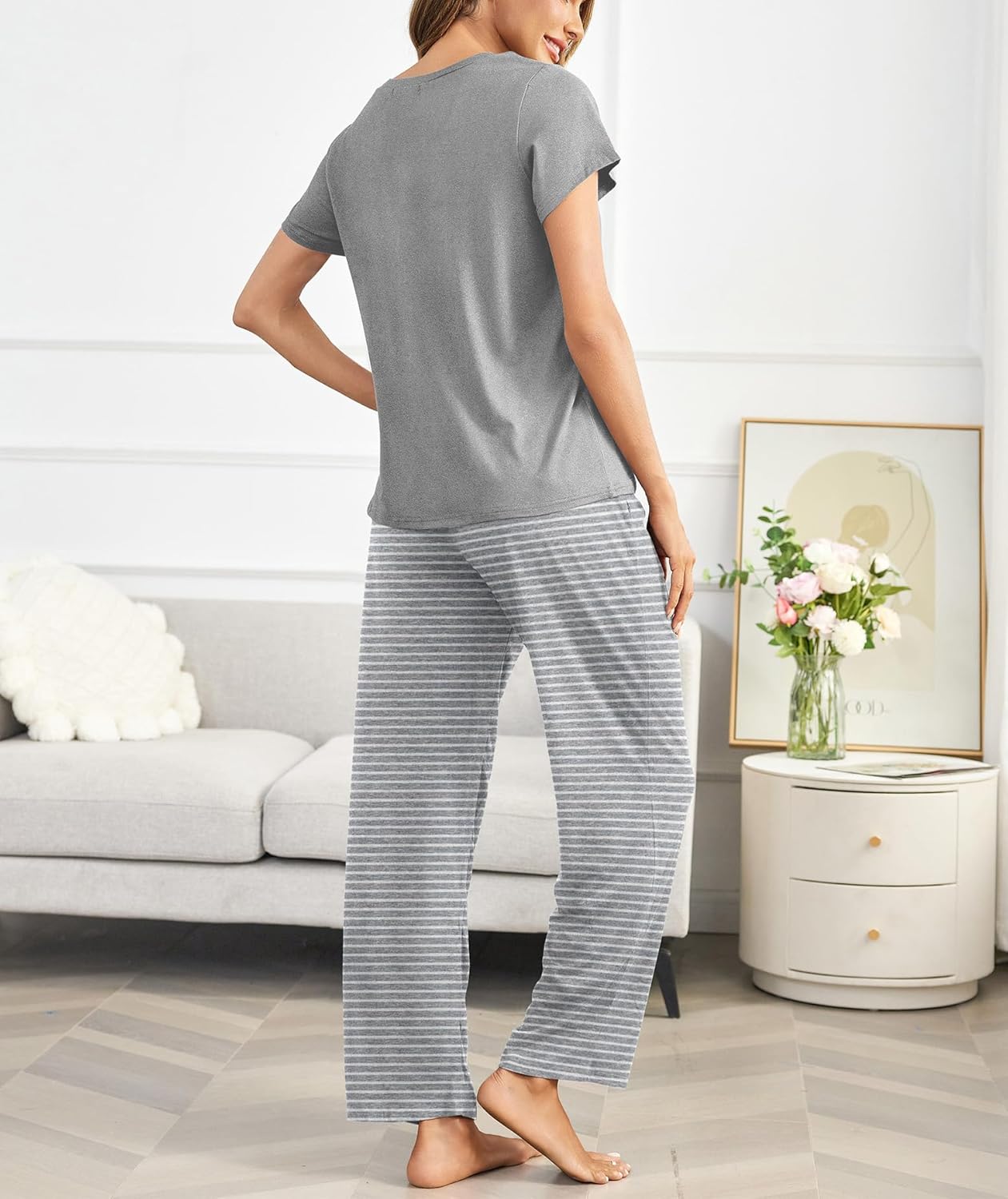 Ekouaer Pajama Sets for Women Round Neck Pjs Short Sleeve Sleepwear with Long Pants Loose Lounge Sets - Image 4