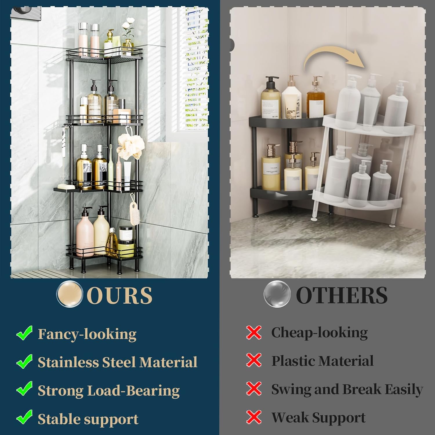 consumest corner shower caddy standing - 4-tier stainless steel shower organizer with soap holder and 4 hooks, large capacity corner shelf stand for bathroom, rest room, black black 4 tier