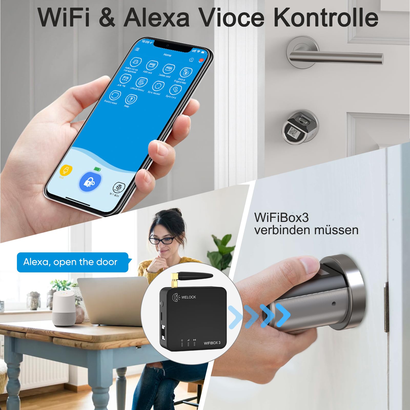 RUILON SECBN51 Serrure Empreinte Digitale avec 3 Cartes RFID 1 WIFIBOX | 30x30 Serrure connectée biometrique, IP65, Commande à distance, Intelligente, Portes 30-70 mm, Chambre Maison Bureau