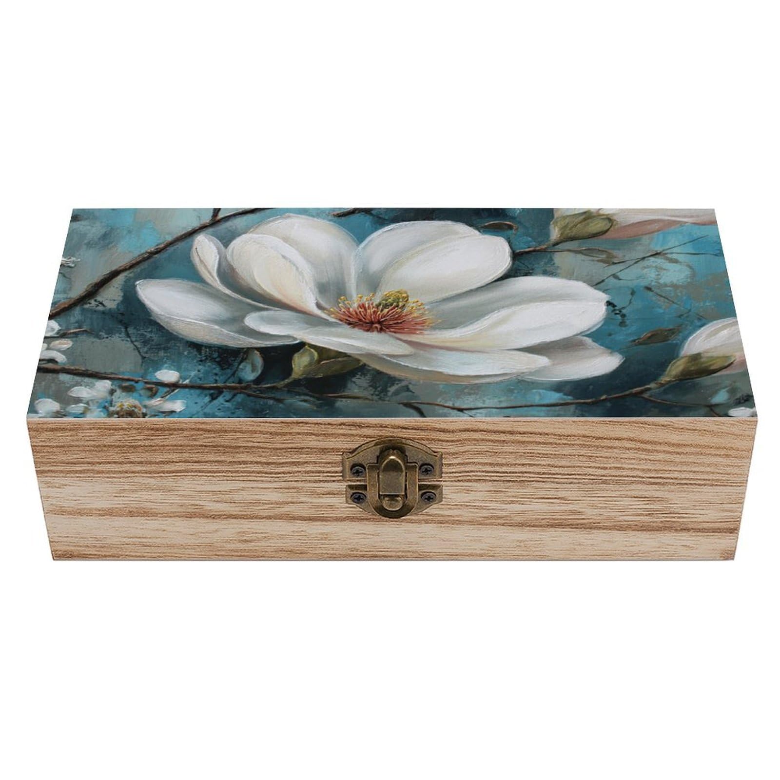 Ahdyr As Pic White Magnolia Flower Wooden Storage Box With Hinged Lid And Front Clasp Large Keepsake Box