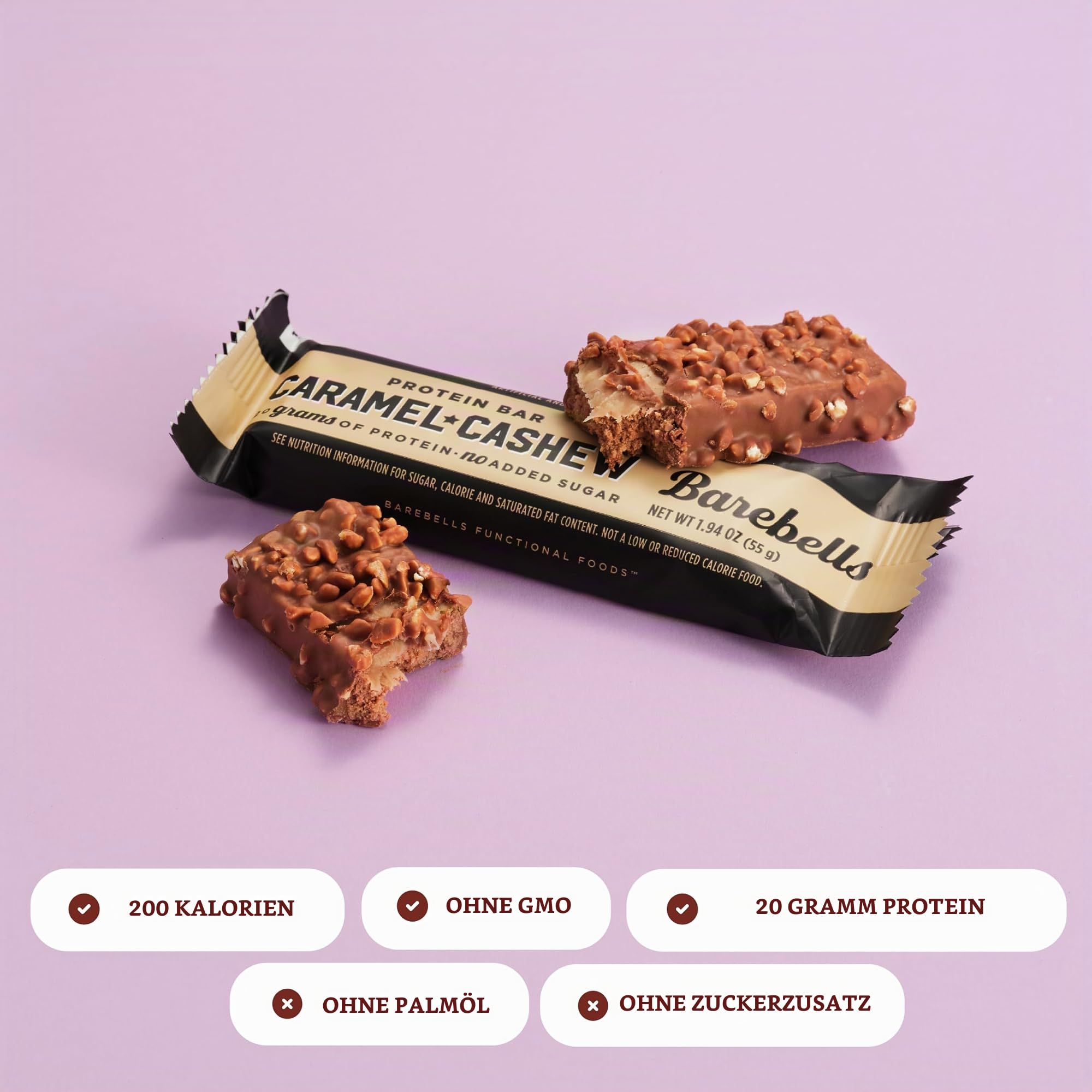 Barebells Proteinriegel Caramel Cashew – 12 Stück, 53,9 g Riegel mit 20 g hohem Proteingehalt – Schokoladenproteinriegel mit 1 g Gesamtzucker – perfekt für unterwegs, Protein-Snack und