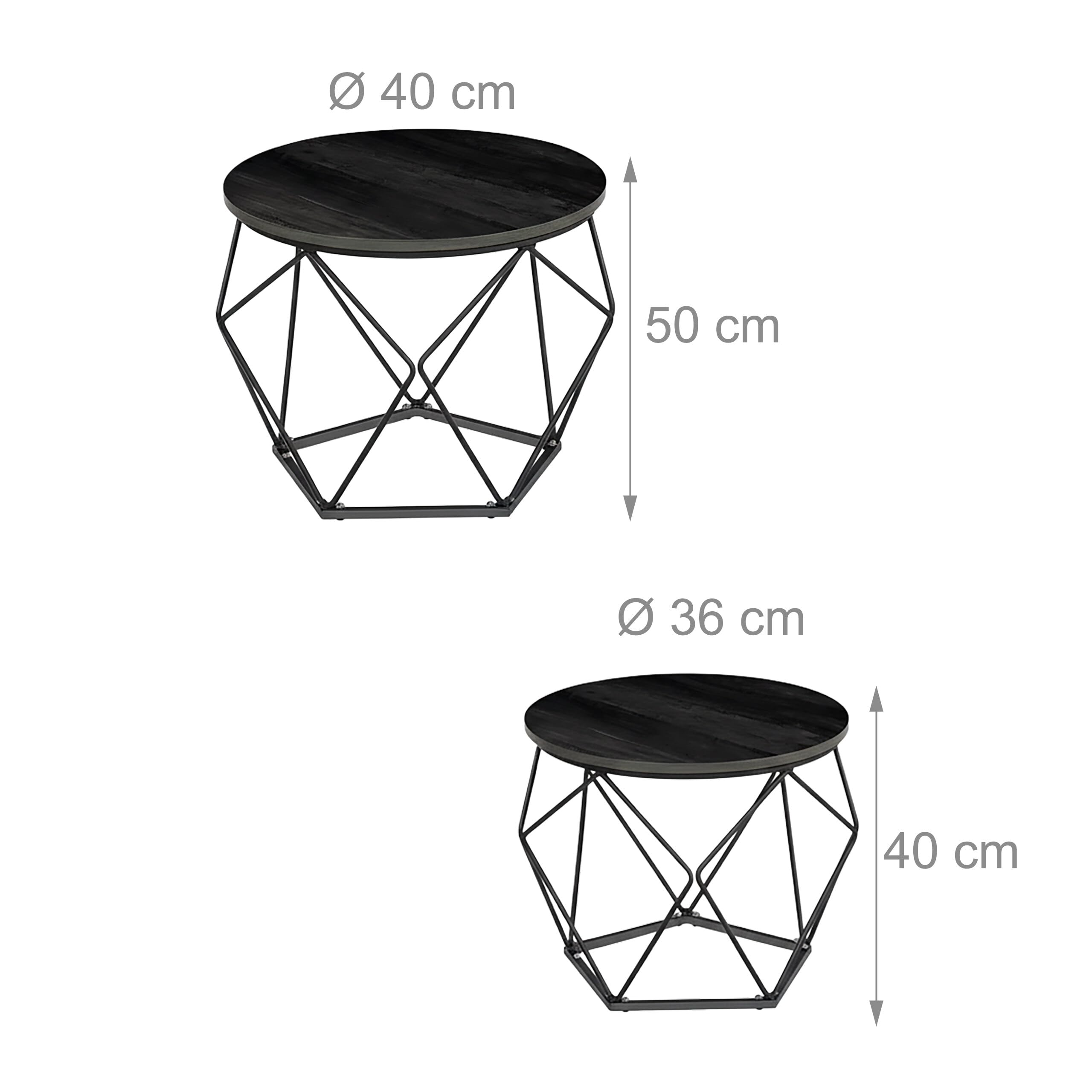 Relaxdays Set de 2 mesas auxiliares Redondas de Madera y Metal, Estilo Vintage, 50x40x40 cm, Negro