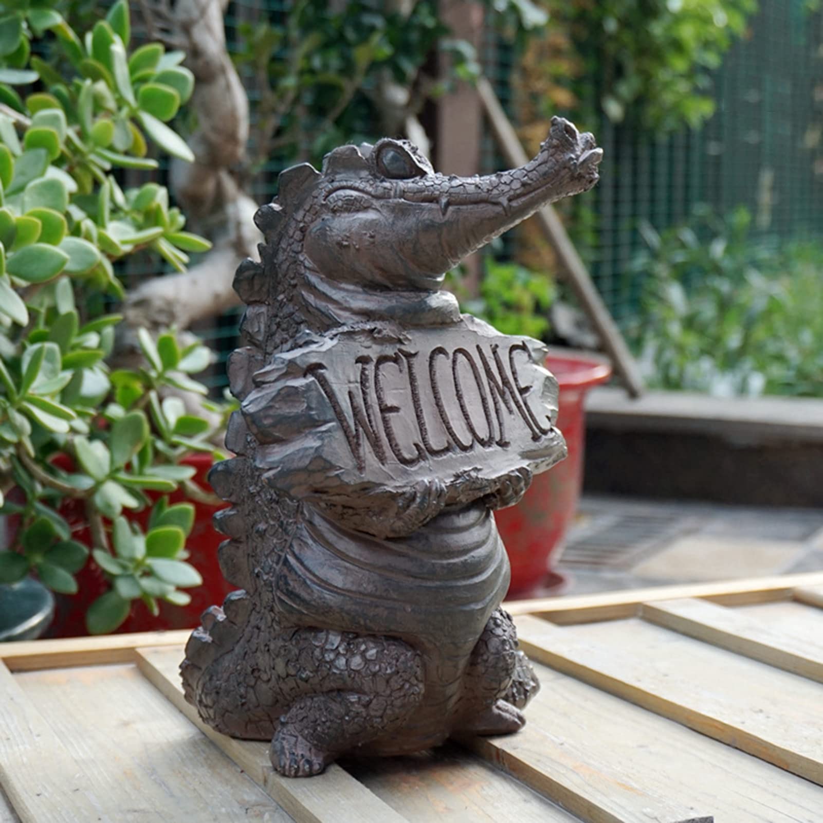 Estatuillas De Jardín, Cocodrilo Feroz Estatua De Resina con Cartel De Bienvenida del Jardín Decoraciones para Entrada De Jardín De Estanque De Césped