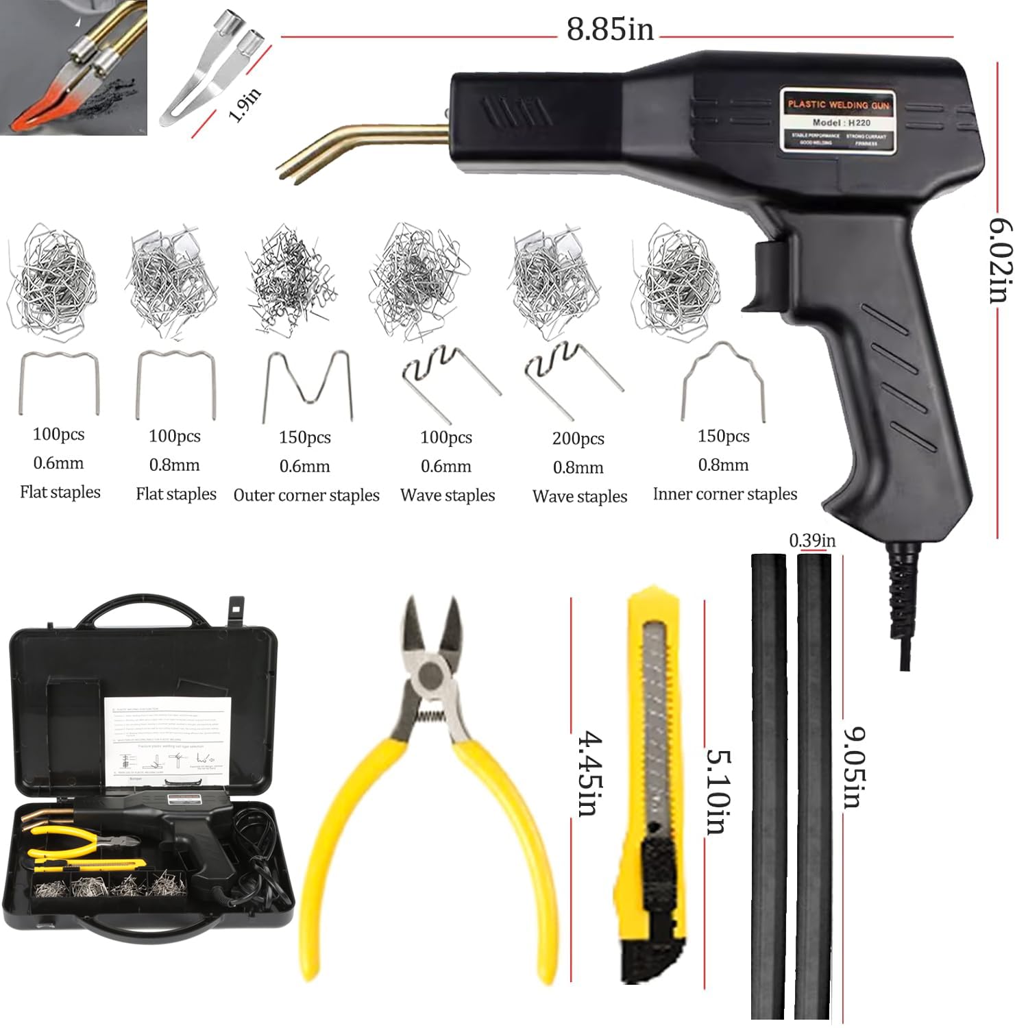 Soldador de plástico de 220 W, 2 em 1 soldagem de plástico, 800 grampos,reparação de para-choques de carro,com 2 peças hastes de soldagem, alicates e facas(negro)