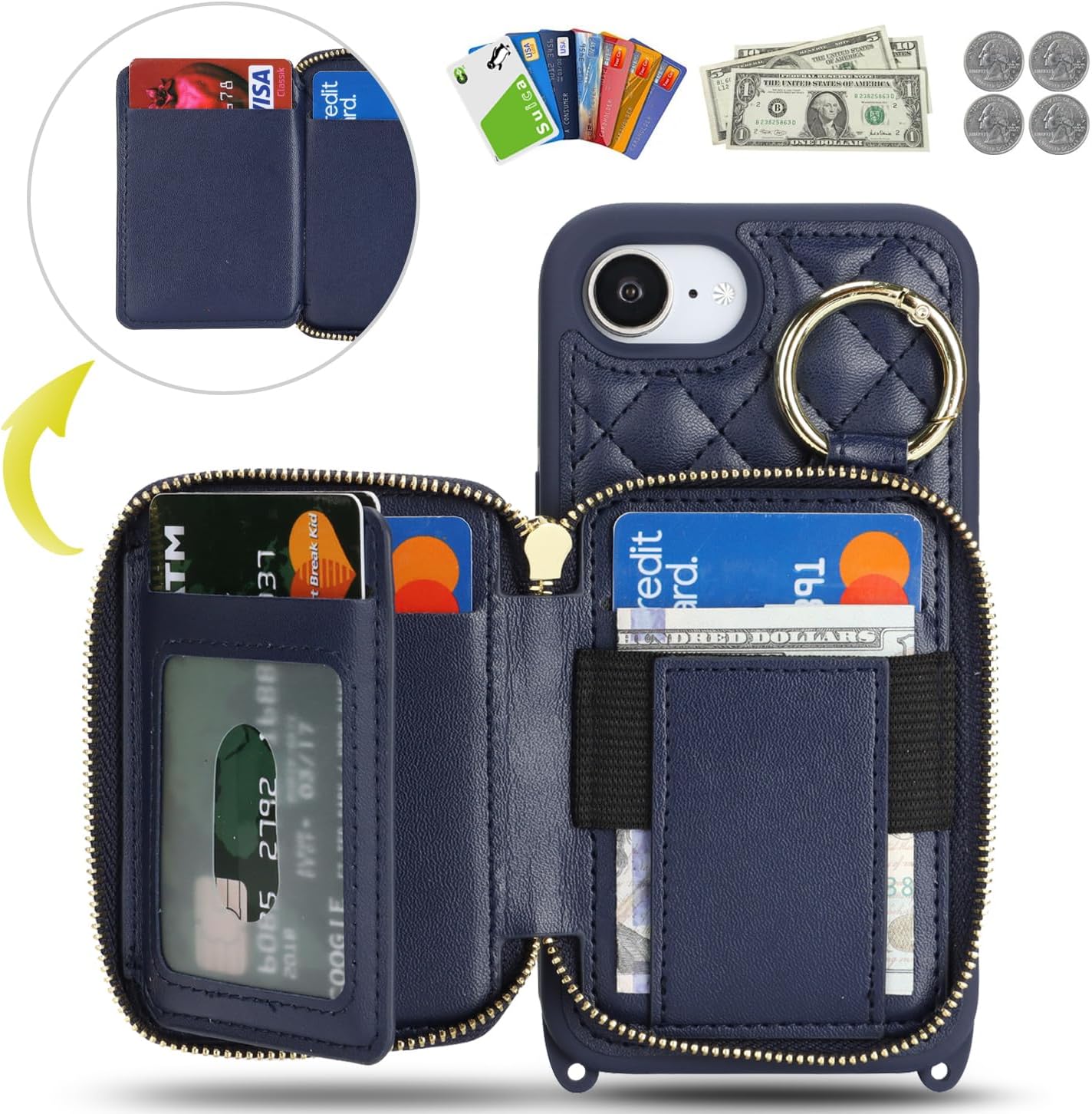 Crossbody Wallet Case for iPhone 17e/16e, PU Leather Zipper Handbag Purse Flip Cover, Kickstand Folio Case with Card Slots Holder Wrist Strap Lanyard 5G 6.1 Inch-Blue