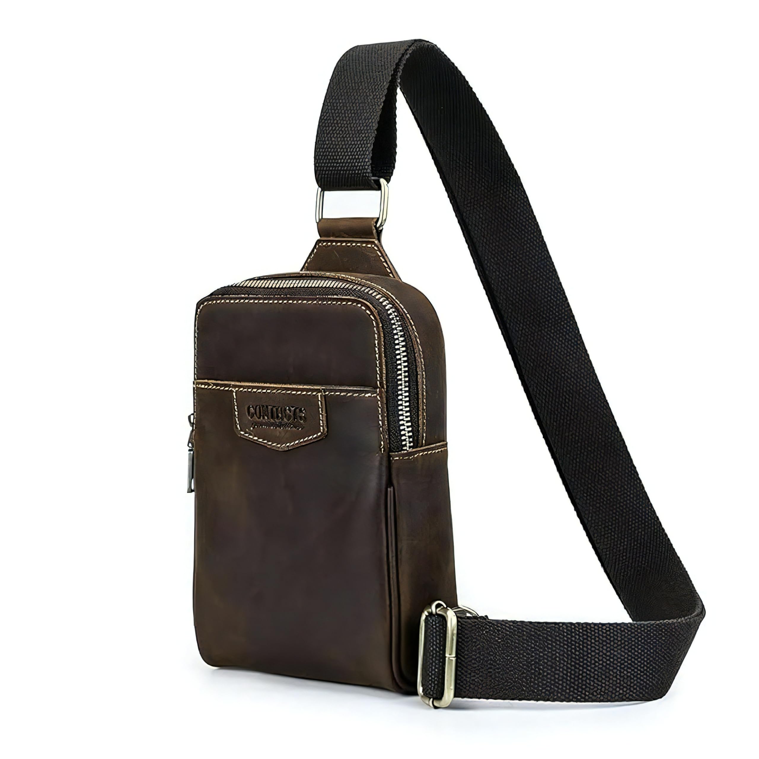 Contacts Full Grain Leather Sling Bag for Men - Small Crossbody Chest Bag | Stylish Shoulder Daypack Travel Phone Purse Side Bag (Hunter Brown)