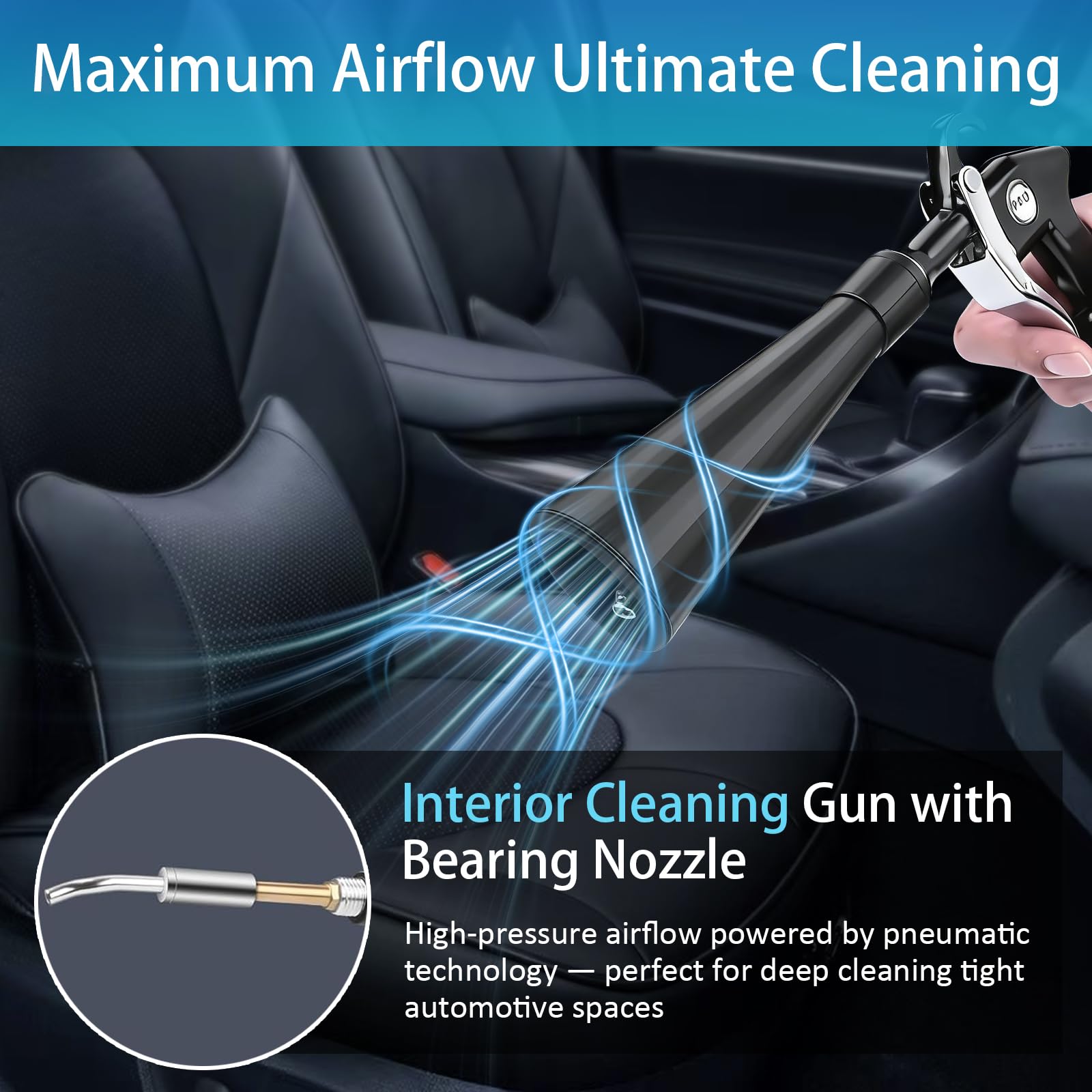 Pistola de Limpieza de Aire Comprimido para Coche - Soplador de Alta Presión con 2 Boquillas para Secar y Limpiar - Para Asientos, Motor, Llantas y Habitáculo - Eliminación Rápida de Suciedad y Polvo