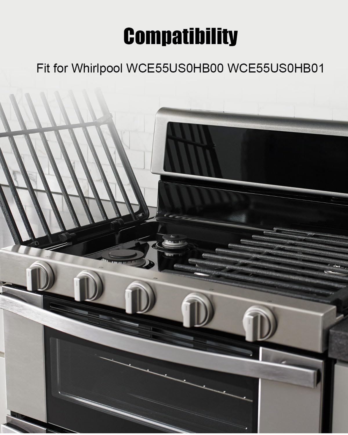 W11418244 - Pomo de rango compatible con Whirlpool WCE55US0HB00 WCE77US0HS01 WCE77US6HB00, perilla de control de quemador de superficie de estufa de gas, repuesto W11130627 W11222054, plata, 4 piezas