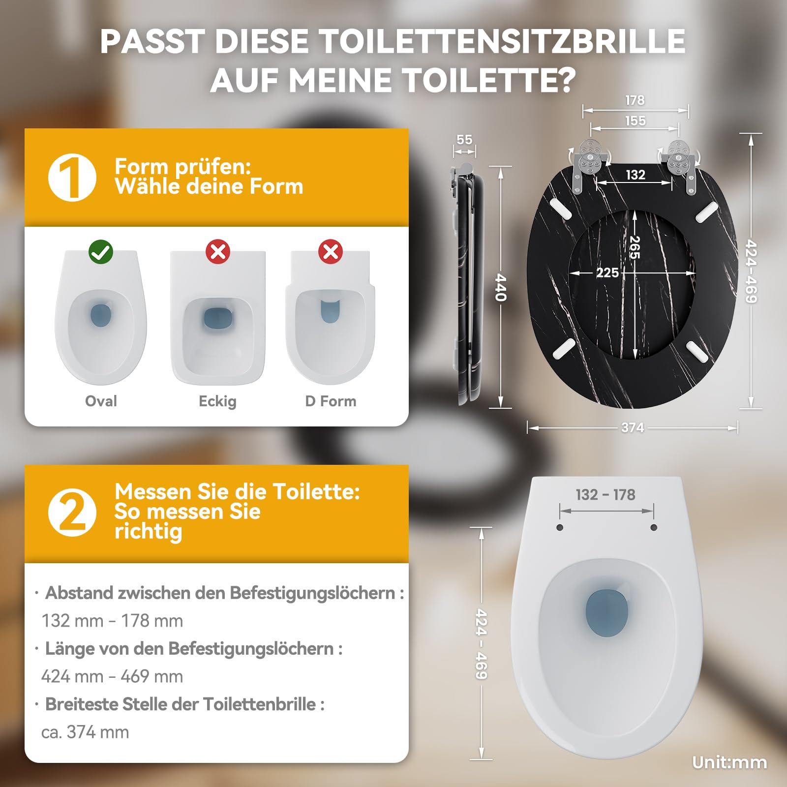 Toilettendeckel mit Absenkautomatik Holz - WC Sitz Bambus Klodeckel Oval MDF Klobrille Toilettensitz Softclose Toilet Seat Schwarz 175 KG Belastbarkeit