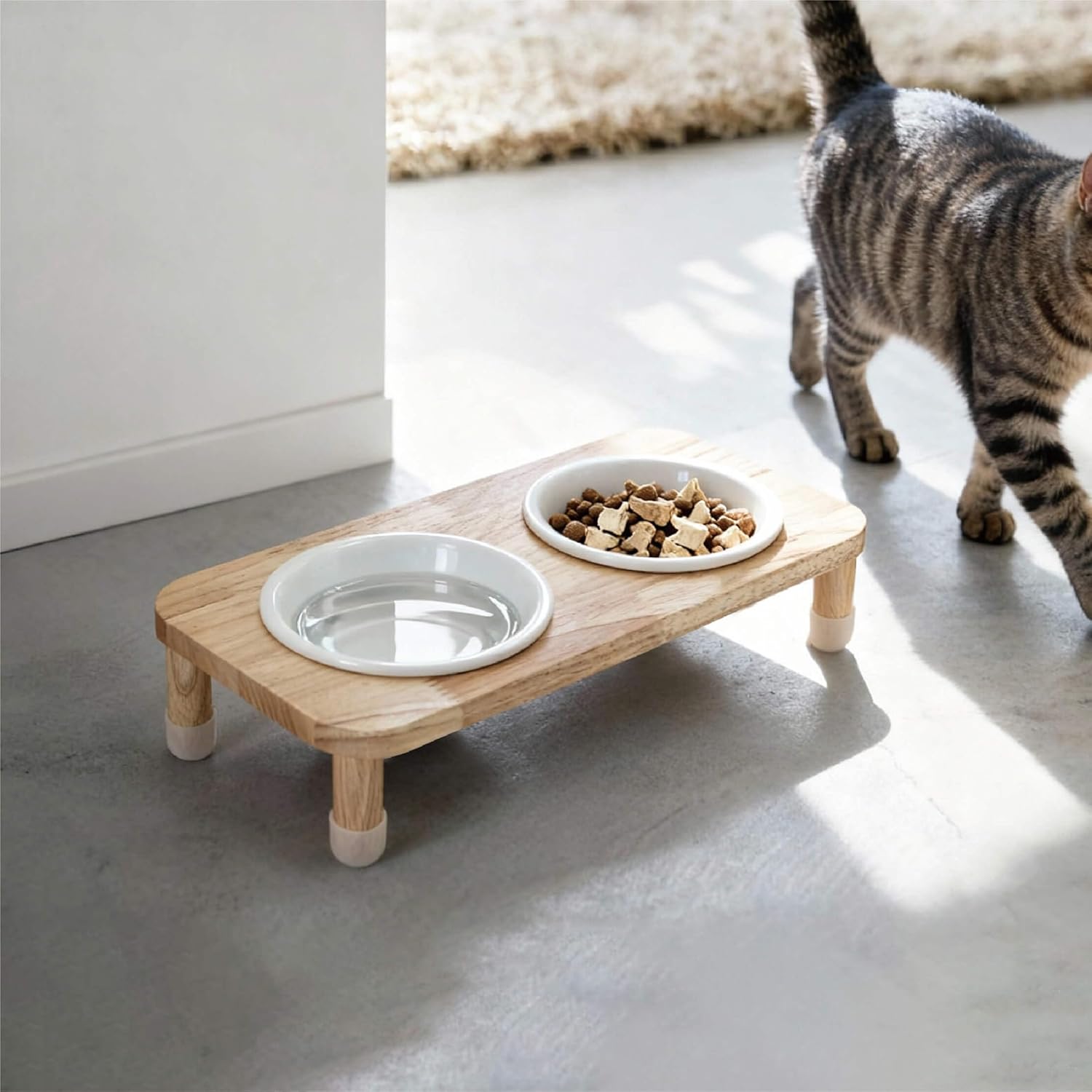 11.8 oz Elevated Ceramic Double Cat Bowl Set - Modern Lead-Free Feeder with Natural Oak Wood Stand (Oak Stand & 2 White Bowls)