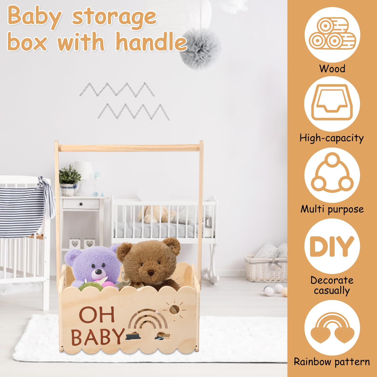 Cadeau de fête prénatale avec poignée, en bois, 34 x 22,8 x 17,5 cm, panier de rangement décoratif, cadeau pour anniversaire, fête prénatale, nouveau-né, nouveaux parents (A)