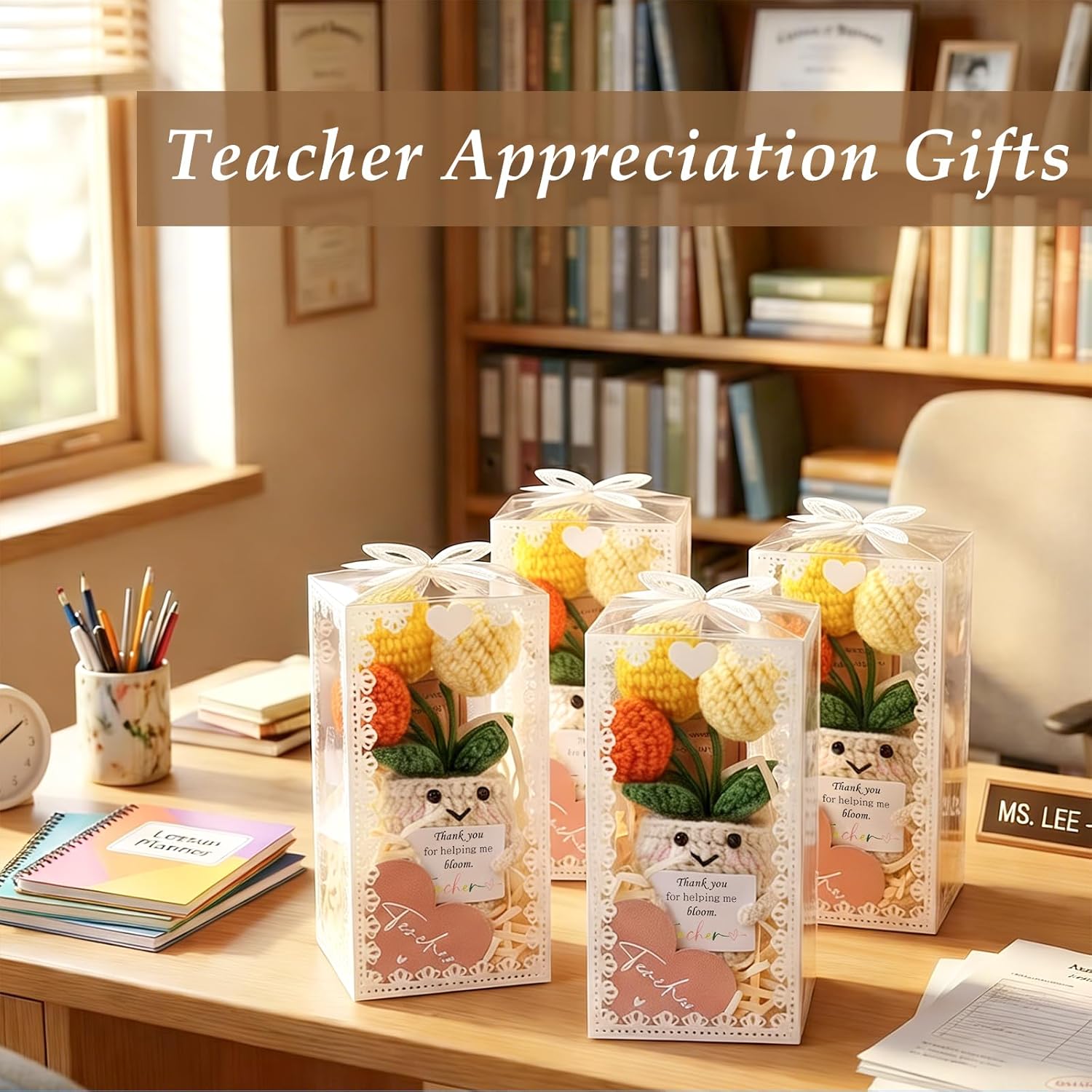 Teacher Appreciation Gifts for Women Set of 4,Teacher Appreciation Gifts in bulk,End of Year Teacher Gifts with Positive Dolls Crystal Keychains Heart Bookmarks