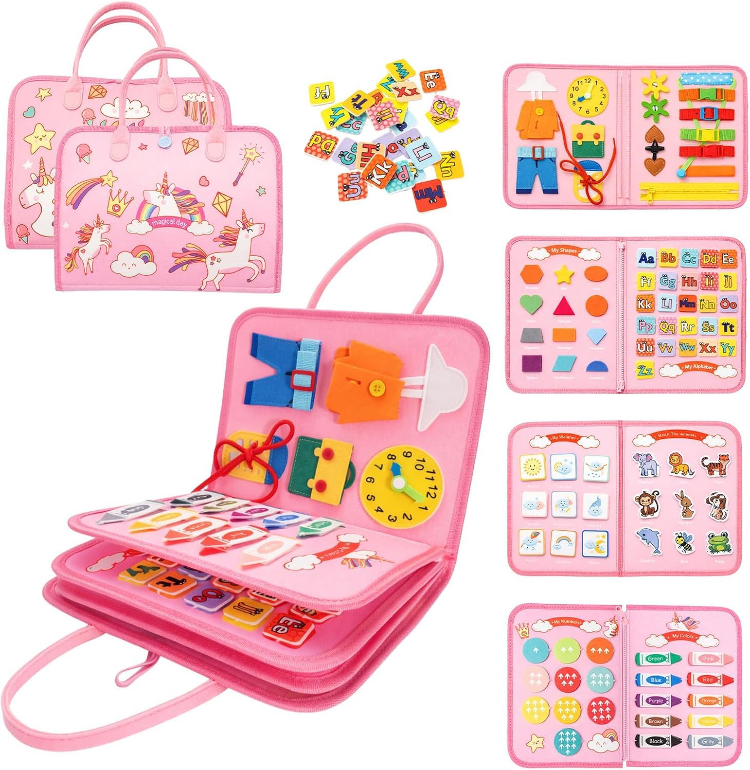 Y.H BLISSHAVEN Montessori Busy Book for Toddlers Ages 1-4 – 20-in-1 Educational Sensory Learning Toy, Interactive Quiet Activity Book for Fine Motor Skills, Preschool Travel Toy(Pink)