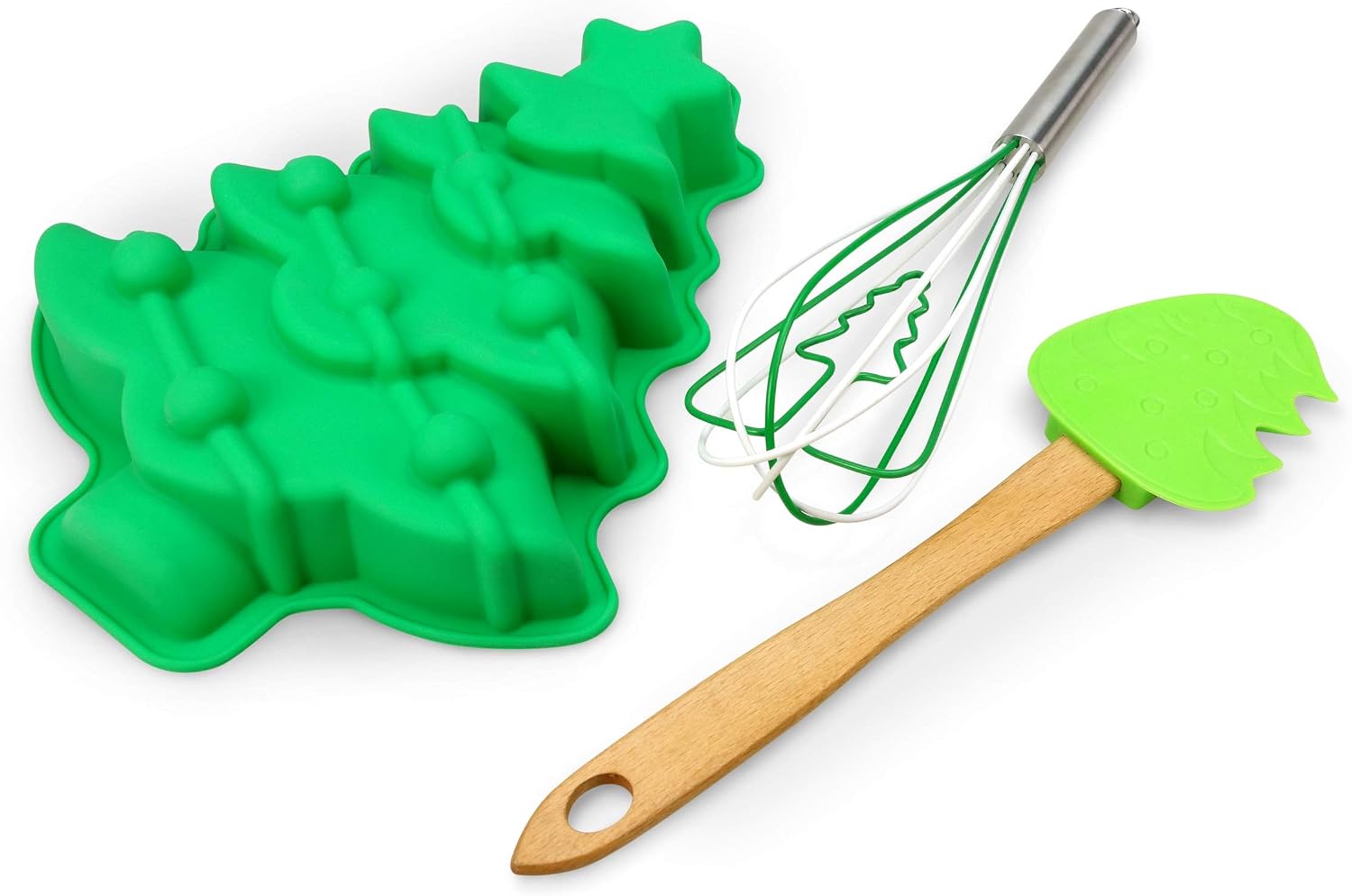 Handstand Kitchen Christmas Tree Shaped Cake Pan Baking Set with Recipes | Dishwasher Safe, Holiday Family Activity, Sturdy for Regular Use, Fun Shaped Whisk, Spatula and 10" x 8" Mold