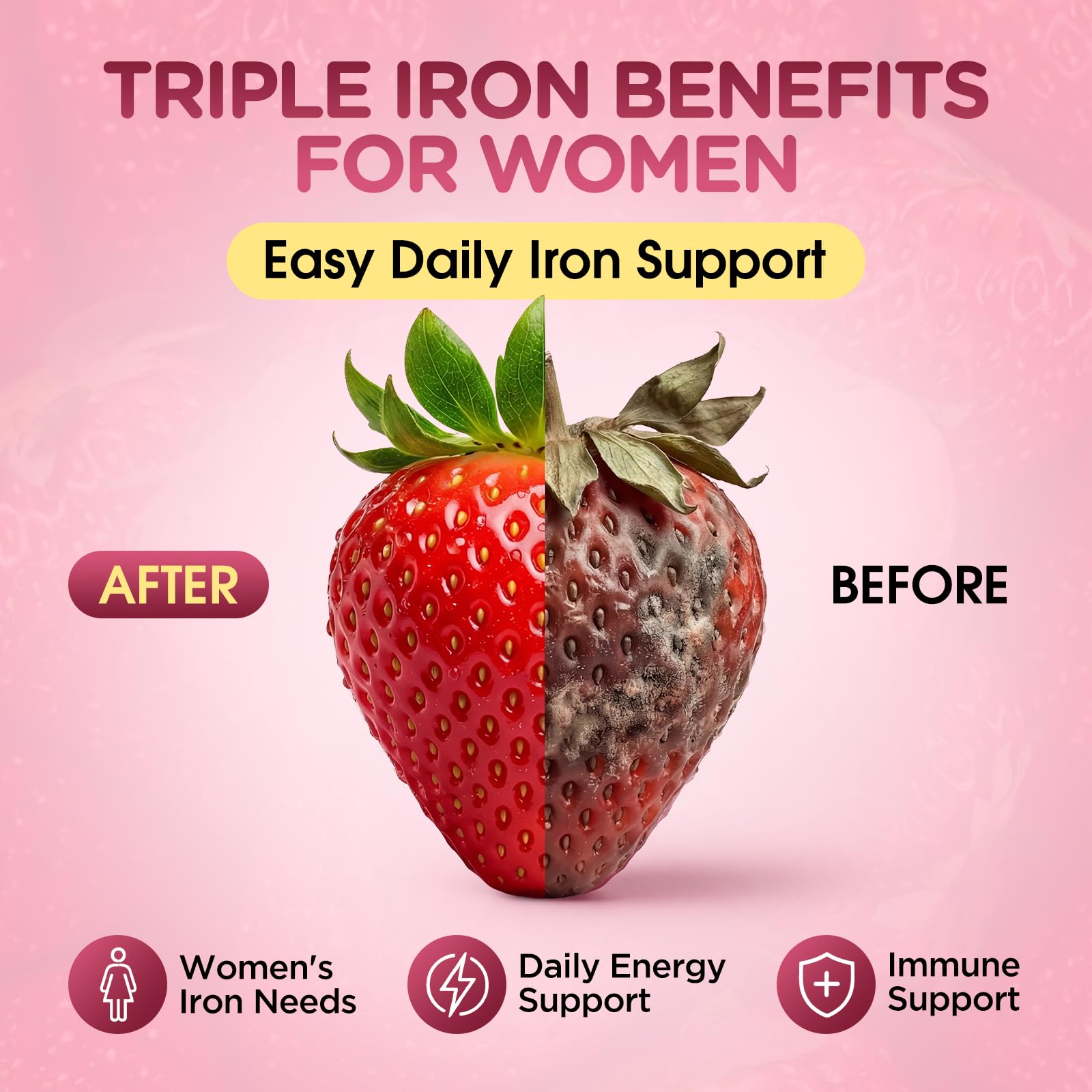Iron Gummies for Women, Triple Iron Supplement with Multivitamin Iron Gummies with Vitamin C, A, B, Folate, Copper, Zinc for Energy & Blood Support, Immune Health, Vegan, Strawberry Flavor, 60 Counts — Amazon image 2