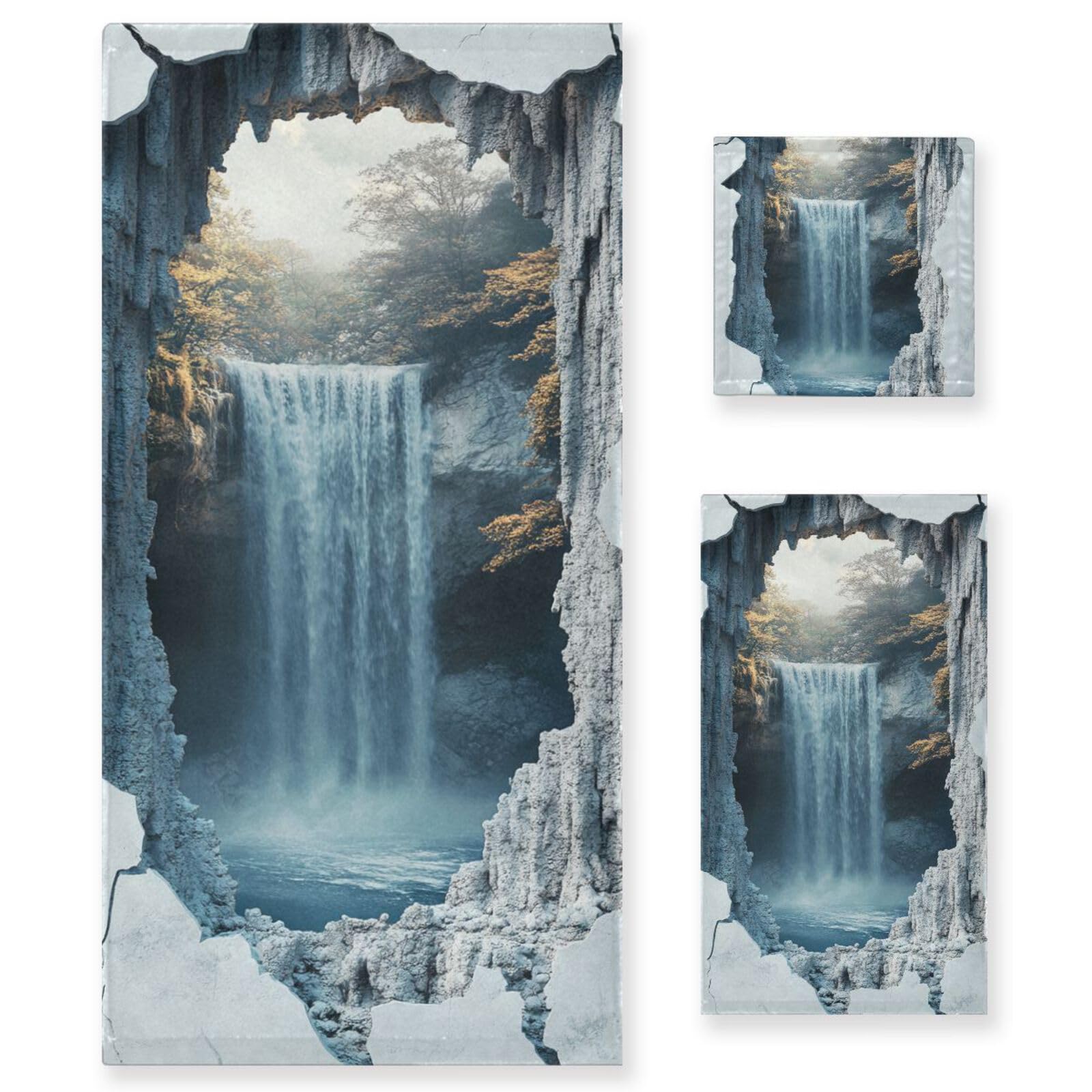Set di 3 asciugamani assorbenti per il viso con foro di marmo incrinato 3D, 1 asciugamano da bagno, 1 asciugamano per le mani, 1 panno per bagno e cucina