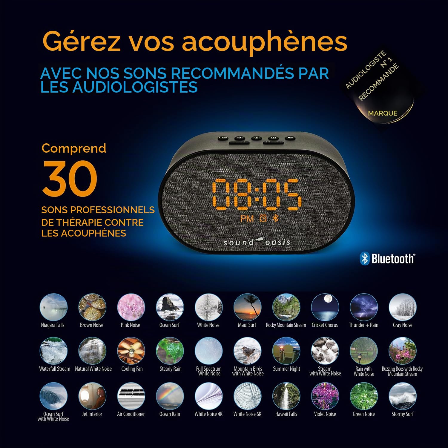 Oasi Réveil Bluetooth Acouphène Sound Therapy BST-150T - Meilleur sommeil, gestion et masquage des acouphènes, 30 sons intégrés