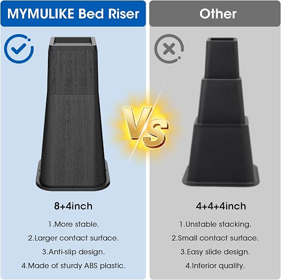 MYMULIKE Bed Risers 12 Inch Heavy Duty, Stackable Furniture Risers Lifts 4inch 8inch, 12inch for Table, Desk Leg, Sofa, Couch, Supports Up to 6,000 Lbs, Black, 4 Pack