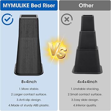 MYMULIKE Bed Risers 12 Inch Heavy Duty, Stackable Furniture Risers Lifts 4inch 8inch, 12inch for Table, Desk Leg, Sofa, Couch, Supports Up to 6,000 Lbs, Black, 4 Pack
