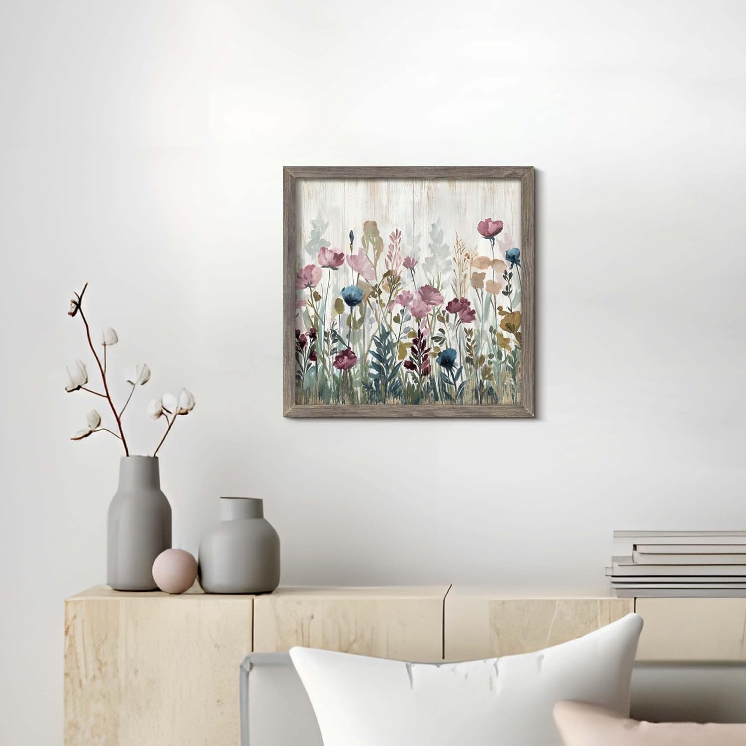 Colorful Floral Framed Wall Art: Rustic Pink Flower Painting Abstract Botanical Picture Vintage Blossom Artwork Farmhouse Wooden Decor for Bedroom