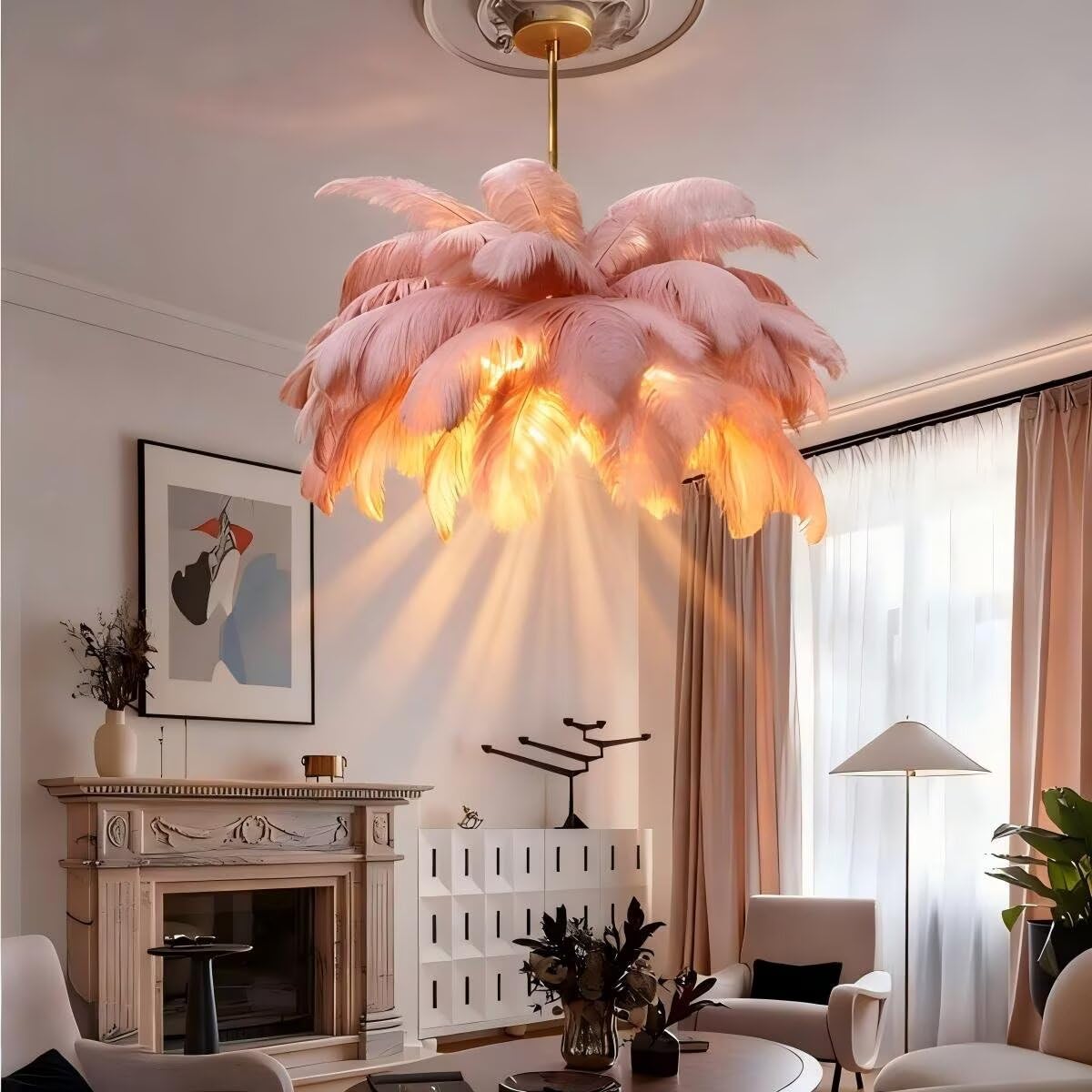 Feder-Kronleuchter, Bohnenpaste-Farbe-Flauschiger Lampenschirm Modernes LED-Pendelleuchte 6-Lichter 4500K, Naturel Feder-Deckenleuchte, für Wohnzimmer Schlafzimmer Kinderzimmer Creative Decor, φ-100cm