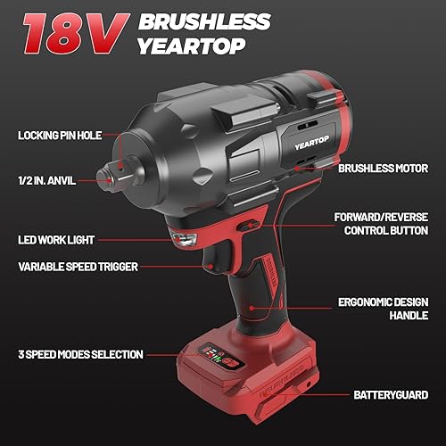 Miniatura 2 de Llave de impacto inalámbrica de 12 pulgada para batería Miwaukee de 18 V, 900 pies-libras (1200 N.m), destornillador de impacto sin escobillas con