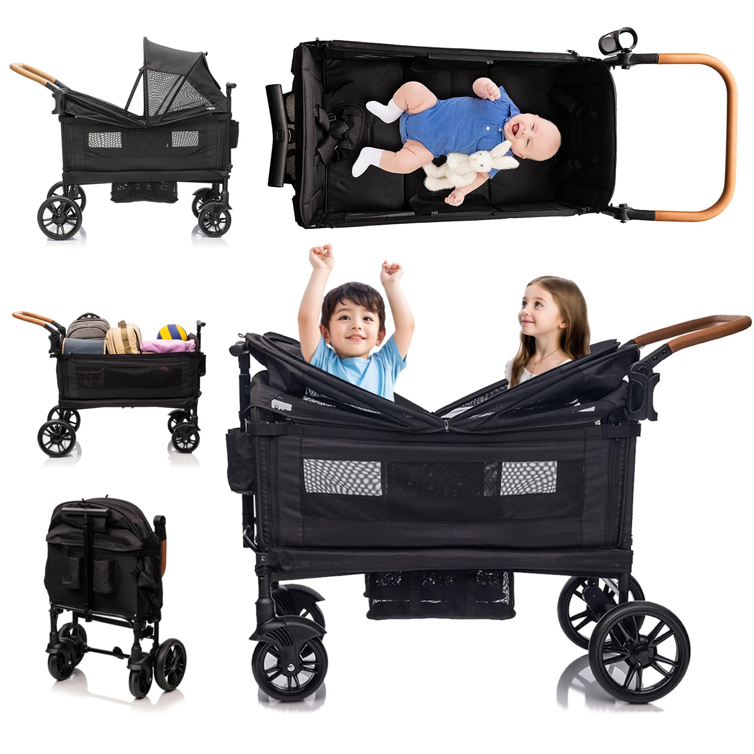 Stroller Wagon for 2 Kids- Lightweight Travel Folding Push Pull Baby Wagon for Newborn&Toddler with 5-Point Harness,Adjustable Canopy,Tray Table,Cup Holder,Storage Pocketsets