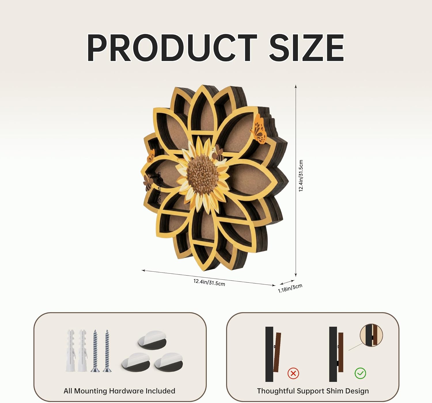 Sunflower Gifts for Women, Sunflower Decor Wooden Wall Floating Shelves with Lifelike Flower & Bee Accents, Trinket Crystal Display Shelf Boho Decor for Home Bedroom Living Room, Birthday Gift for Her