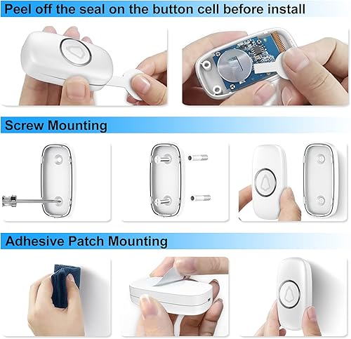 Miniatura 7 de SECRUI Timbre inalámbrico, fácil instalación, impermeable, volumen ajustable, 58 campanillas, LED colorido, rango de 1000 pies, M520+F55, blanco