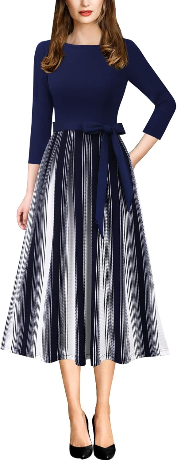 VFSHOW Womens Elegant Pockets Belted Work Business Office Casual Party Pleated A-Line Midi Dress
