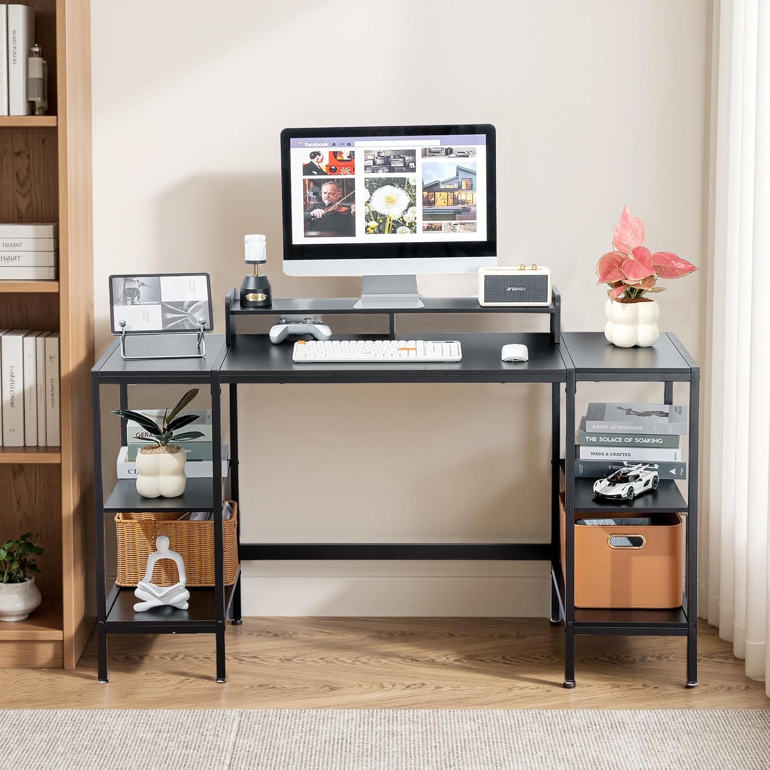 Computer Desk 55-inch with Storage Shelf - Black Ideal Gaming Desk for Bedrooms, Small Spaces, and Home Offices Modern Writing Desk for PCs.