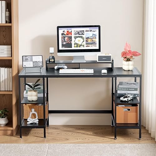 Miniatura 7 de Escritorio para computadora de 55 pulgadas con estante de almacenamiento, escritorio negro ideal para juegos, dormitorio, espacios pequeños