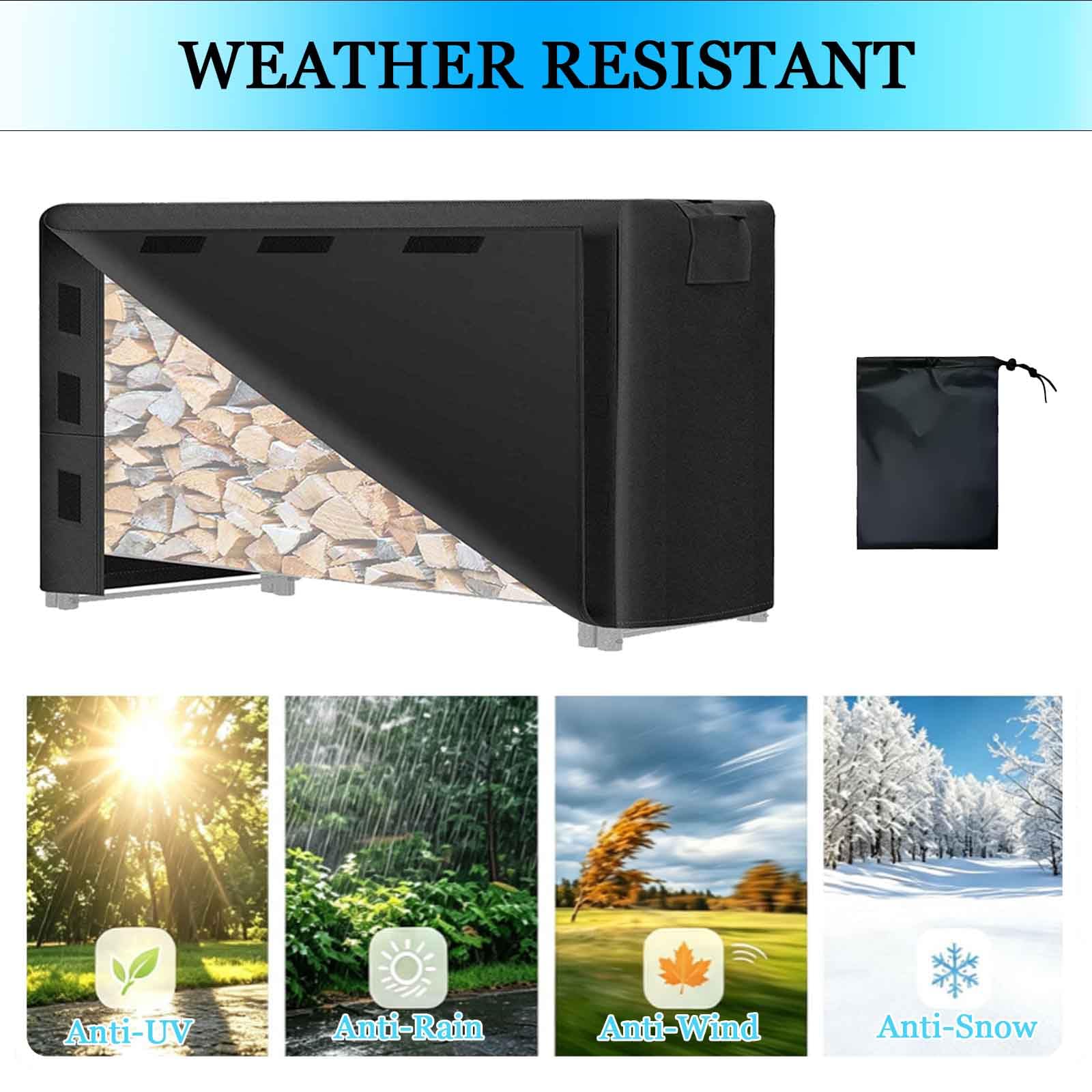 Copertura Resistente per Porta-Legna, Tessuto Oxford 600D, Copertura Impermeabile per Esterni con Fibbia e Nastro a Strappo (Porta-Legna Non Incluso),Nero,365x61x122cm