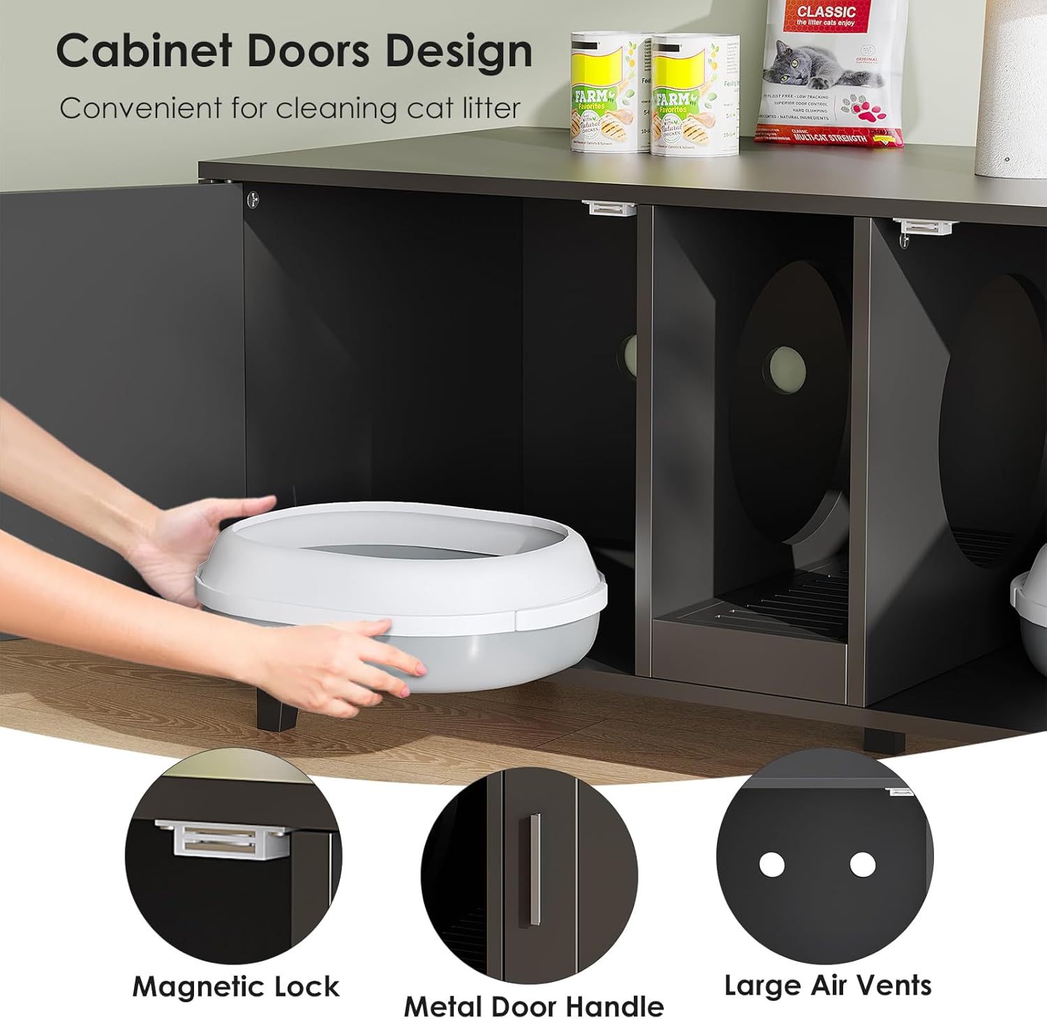 Double Cat Litter Box Enclosure for 2 Cats, Hidden Litter Box Furniture with Scratcher, Wooden Cat House Washroom Storage Cabinet Side End Table, Black