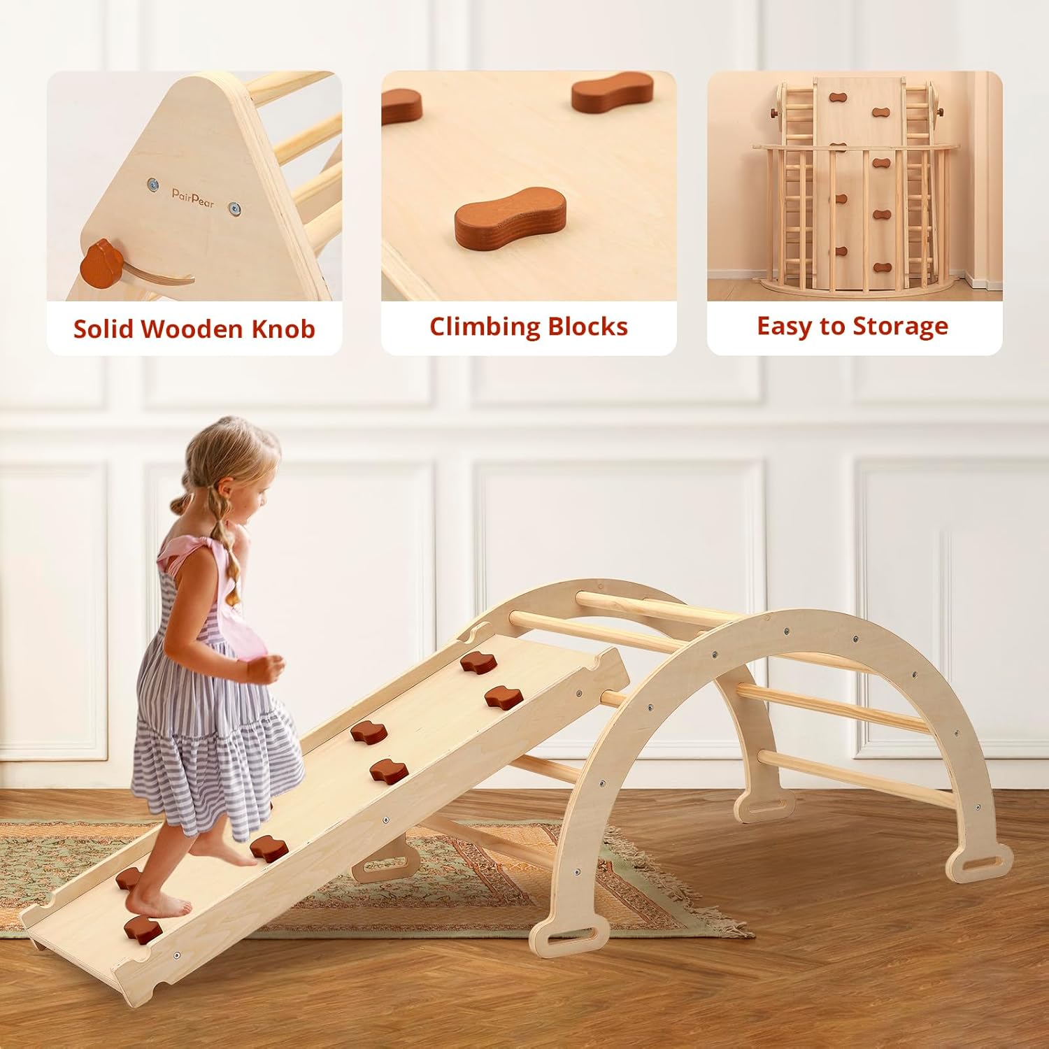 PairPear Foldable Pikler Triangle Climbing Set for Kids, 7 in 1 Montessori Large Wooden Climbing Toys Indoor Jungle Gym with Rocker Arch, Ramp & Slide for Toddlers 18 Months+